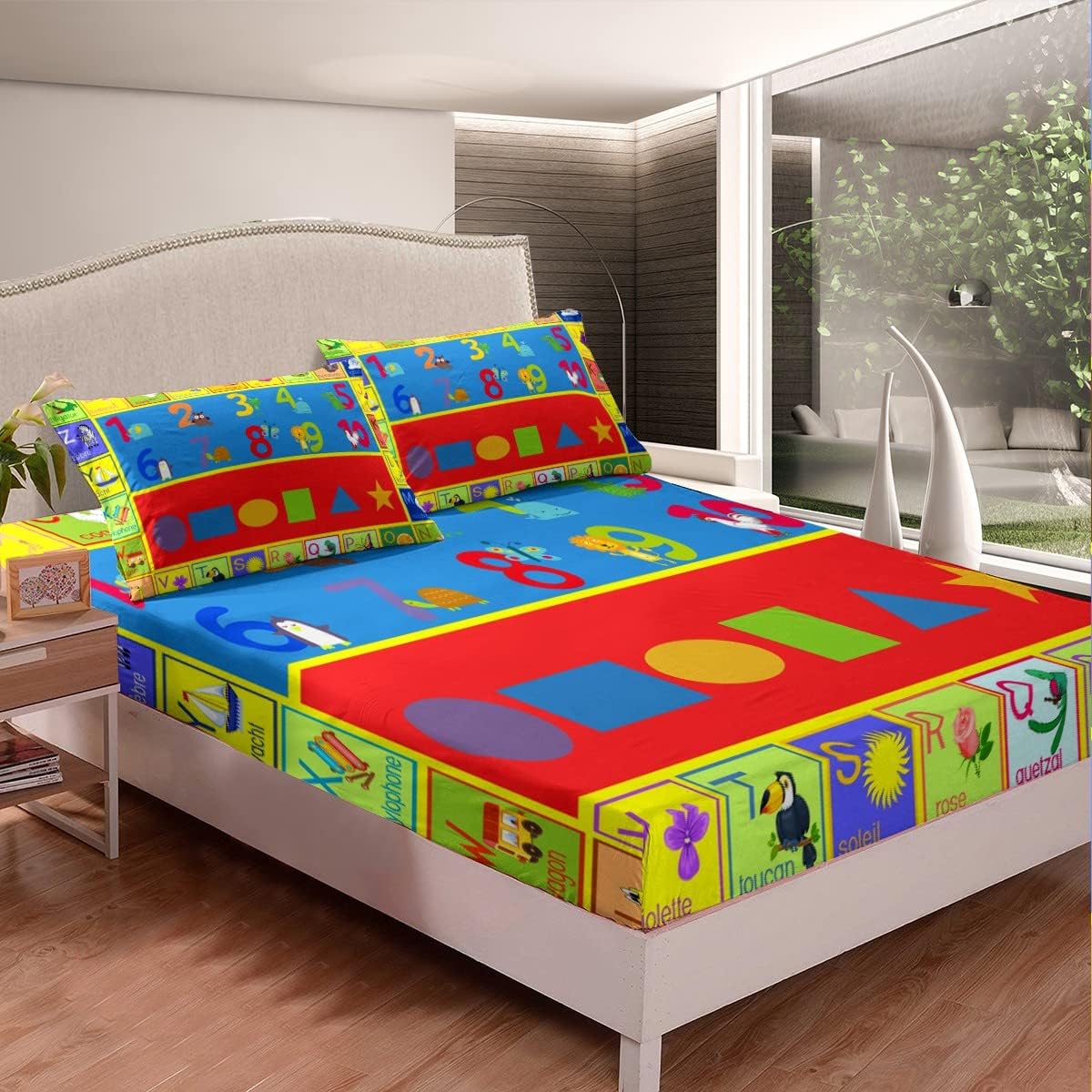 Juego de sábanas de aprendizaje educativo para niños y niñas, con números ABC, con formas del alfabeto, sábana bajera para niños pequeños, ultra