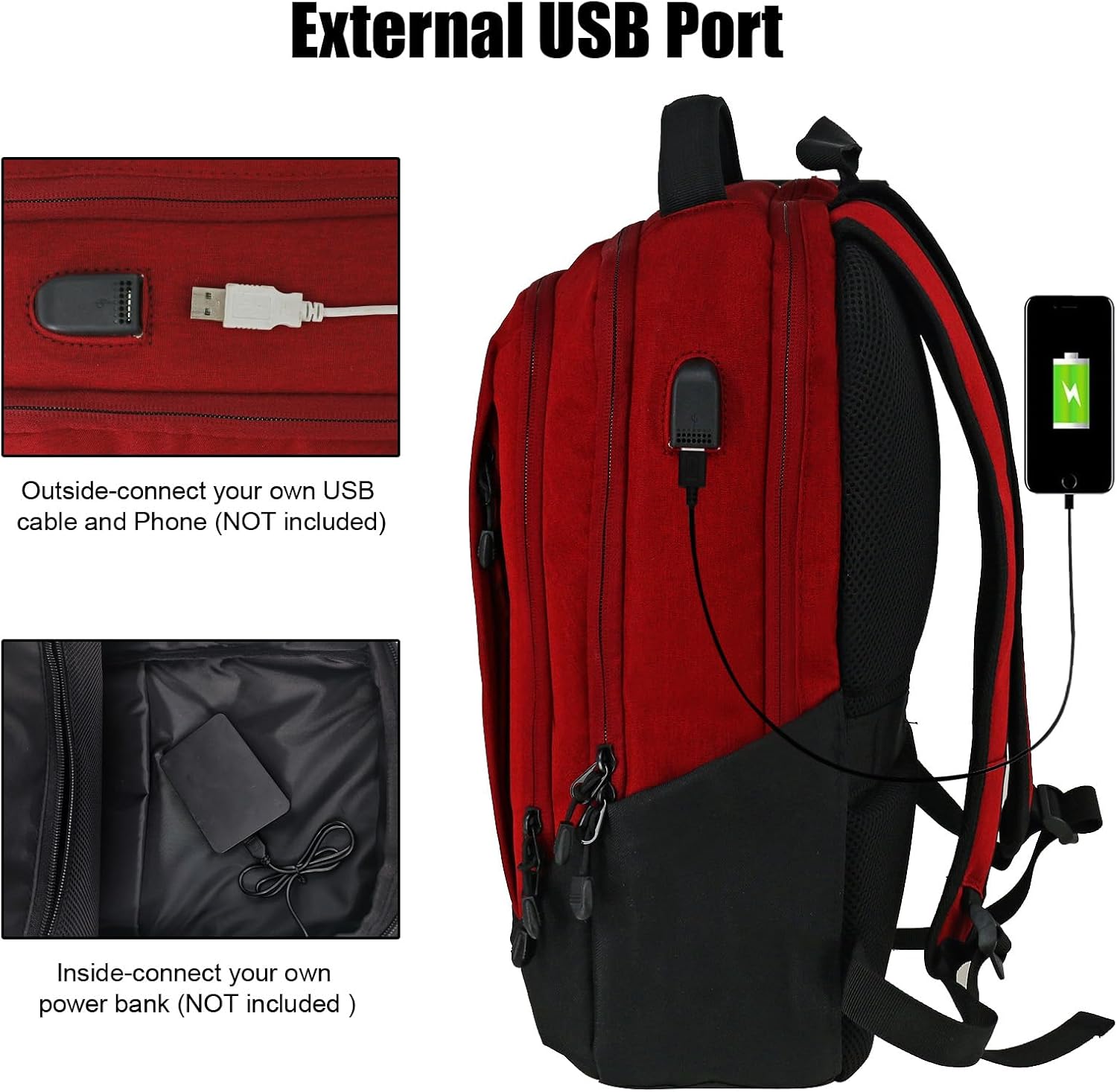 WOLT  Mochila para portátil de viaje, bolsa de negocios aprobada por avión con puerto de carga USB, se adapta a portátiles de 15.6 pulgadas, Rojo