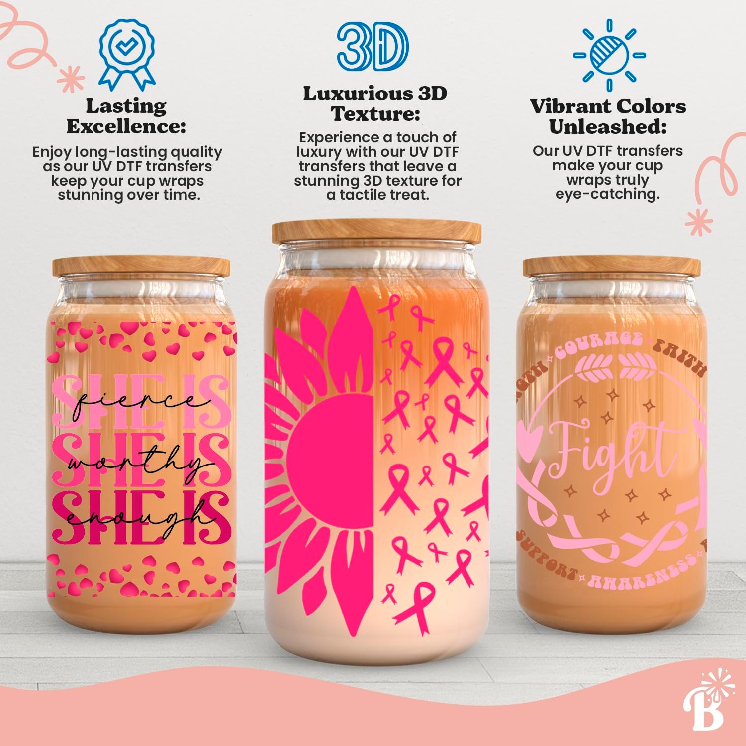 Envolturas de taza Uv Dtf para concientización sobre el cáncer de mama de 16 onzas, 9 hojas de calcomanías de transferencia Uvdtf a granel,