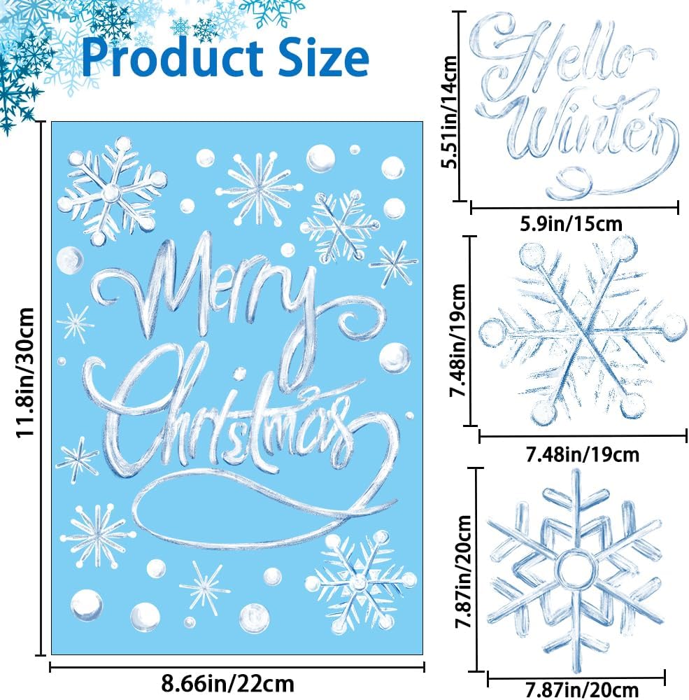 YUJUN 8 hojas de calcomanías de ventana de copos de nieve de invierno, pintura al óleo azul de Navidad, copos de nieve, calcomanías para ventana de