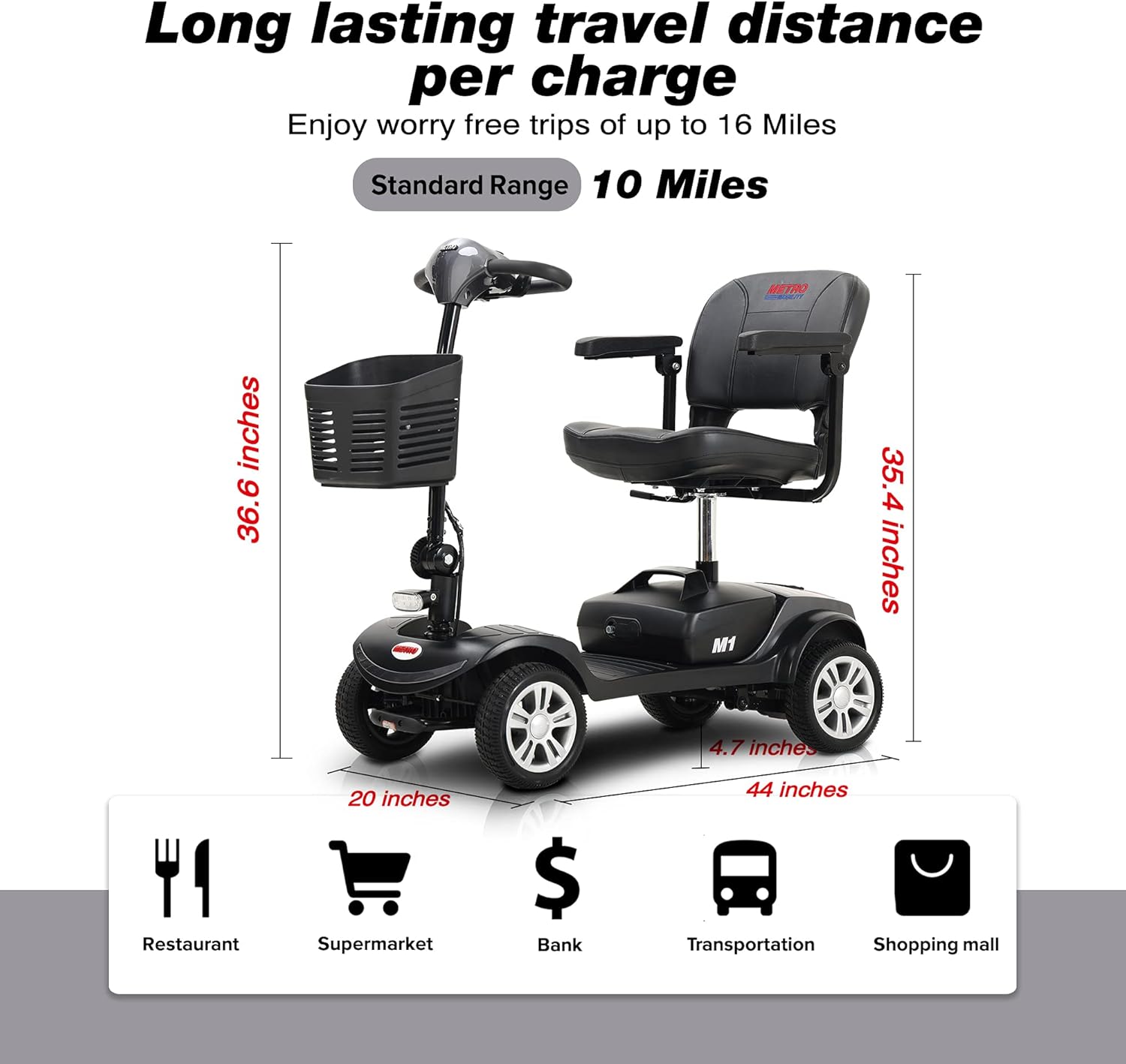 Metro Mobility Patineta para adultospersonas mayores, 4 ruedas eléctricas, motorizadas, con 2 baterías desmontables de plomo-ácido con cargador,