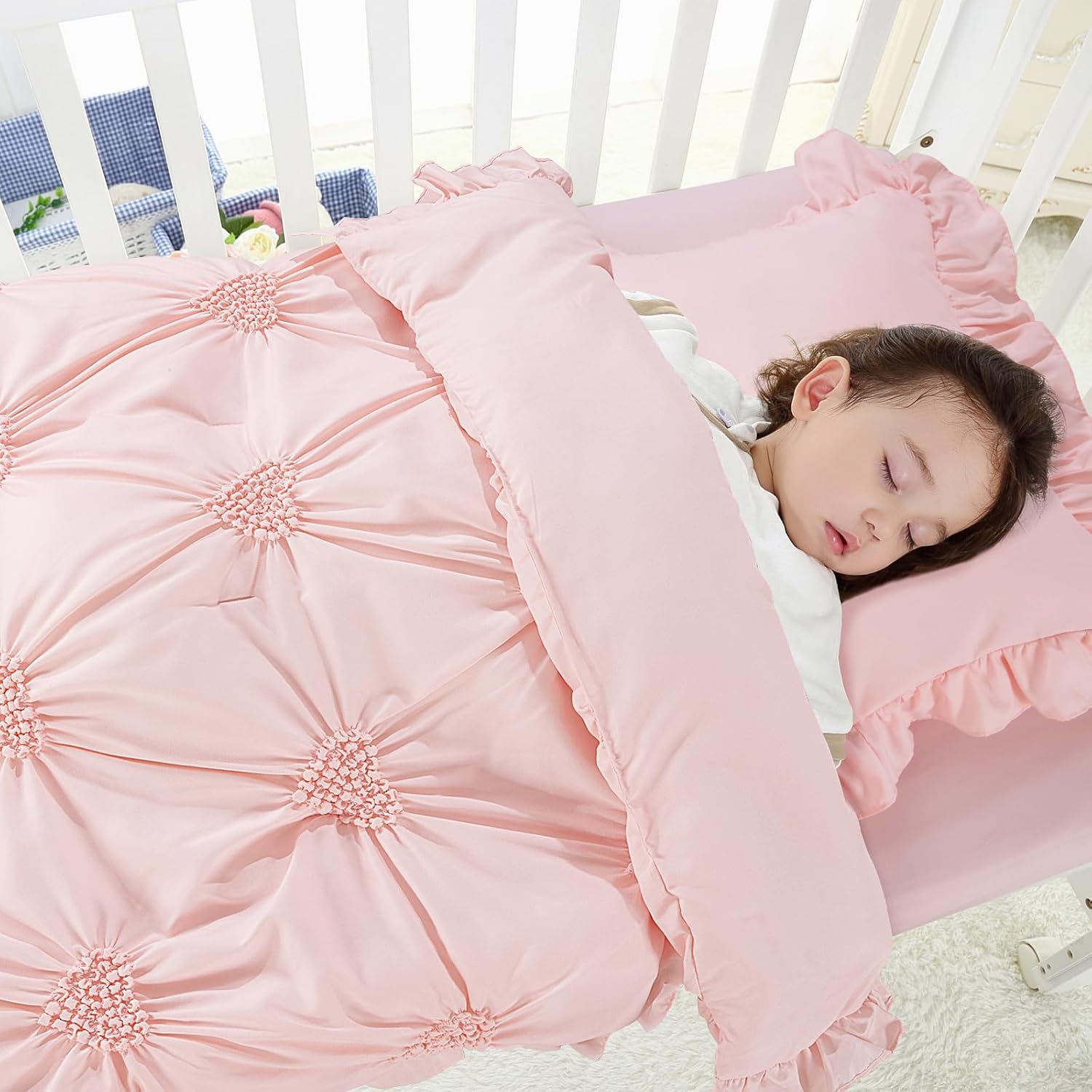 HOMBYS Juego de ropa de cama de 3 piezas para cuna, color rosa princesa, ultra suave, con volantes, para todas las estaciones