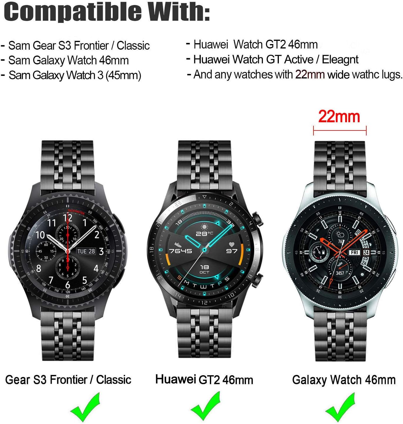 DEALELE Correa compatible con Samsung Gear S3  Galaxy Watch 1.811in  Galaxy Watch 3 de 1.772in, 0.866in, 7 filas de acero inoxidable para Huawei