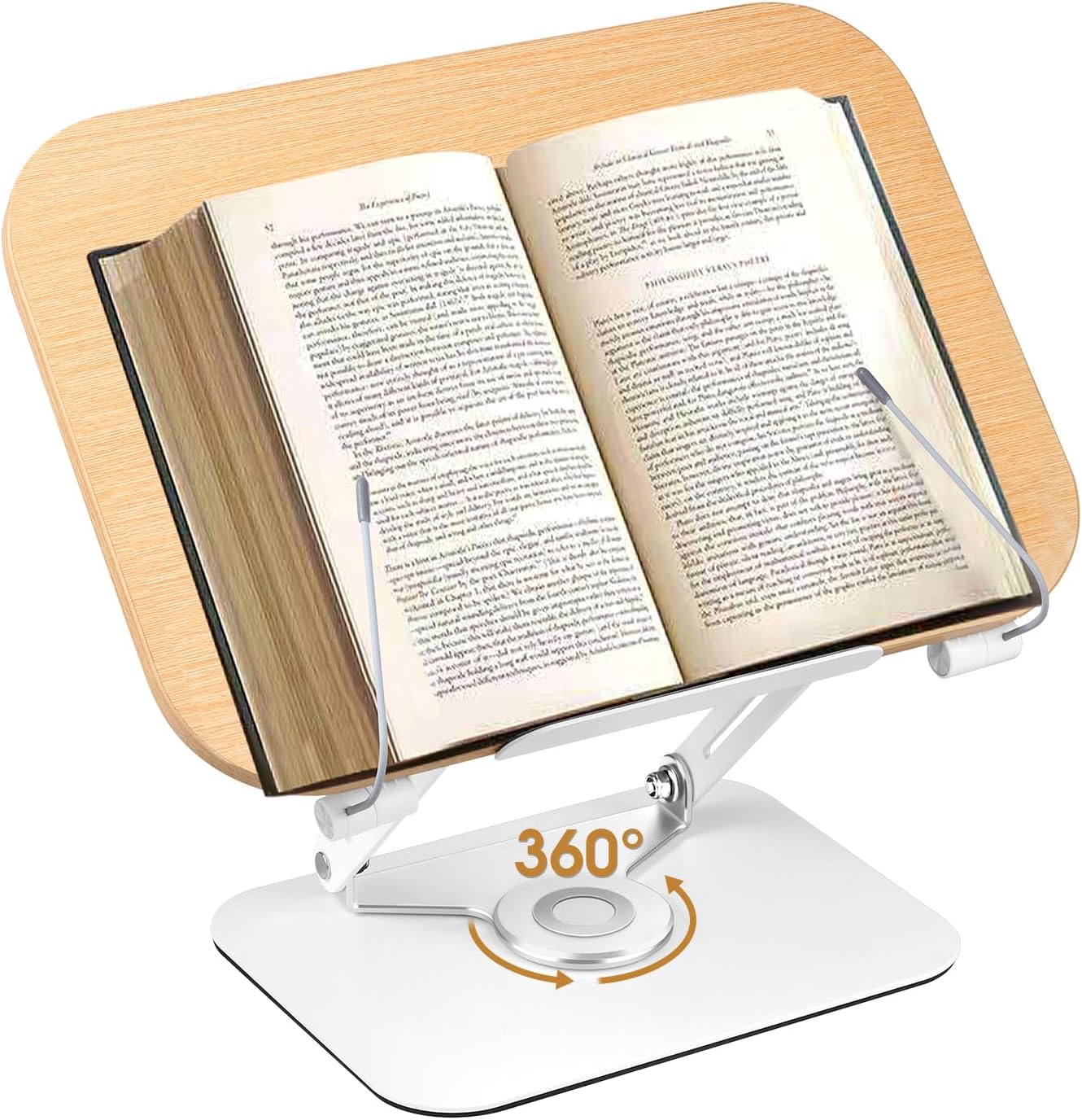 Soporte para libros, soporte para leer manos libres, soporte de escritorio ajustable con base giratoria de 360 grados y clips de página, soporte