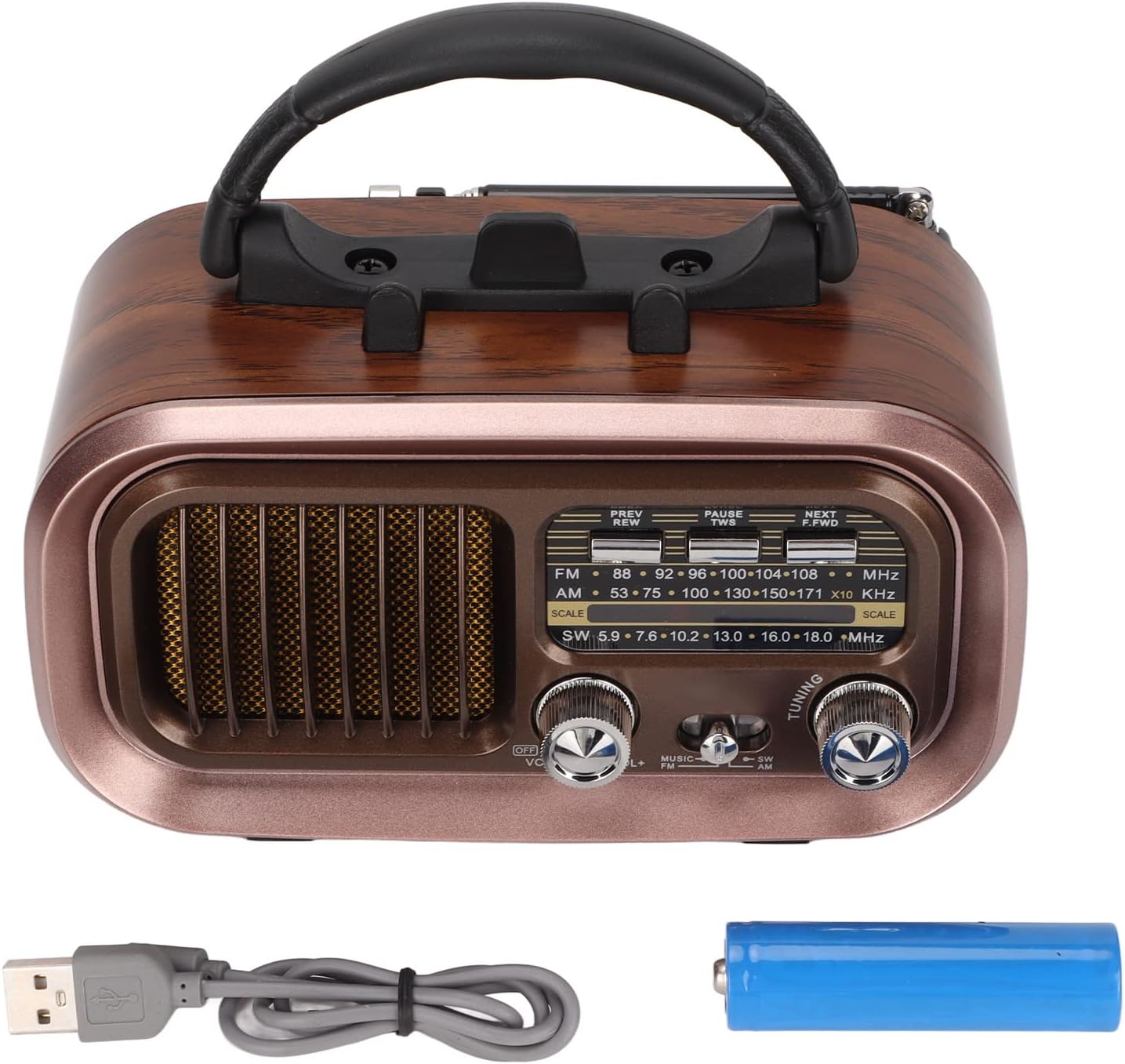 Altavoz portátil de radio FM Bluetooth con diseño vintage 3 bandas multifuncional, ligero y pequeño, MP3 WMA WAV, antena externa (RXBT628)