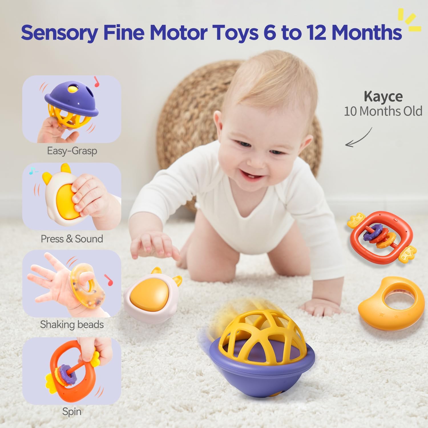 Sonajeros para bebés, juguetes de dentición para bebés de 0 a 6 a 12 meses, para desarrollo sensorial, divertido y vibrante, juego de sonajeros