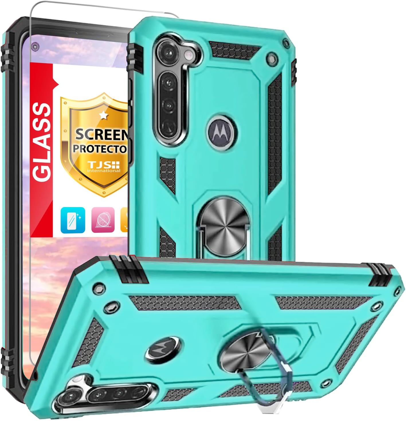 TJS Funda compatible con Motorola Moto G Stylus 2020, con protector de pantalla de vidrio templado, resistente a los impactos, anillo de metal,