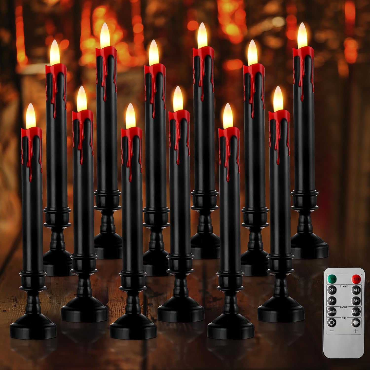 Sratte 12 juegos de velas LED sin llama con control remoto y portavelas, funciona con pilas, velas de lágrimas de vampiro, decoración espeluznante y
