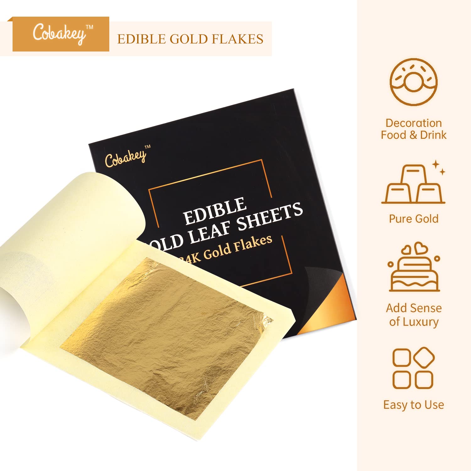 Cobakey Hojas de oro comestibles de 3.15 x 3.15 pulgadas, hojas de oro auténtico de 24 quilates, 5 piezas para decoración de alimentos, bebidas y