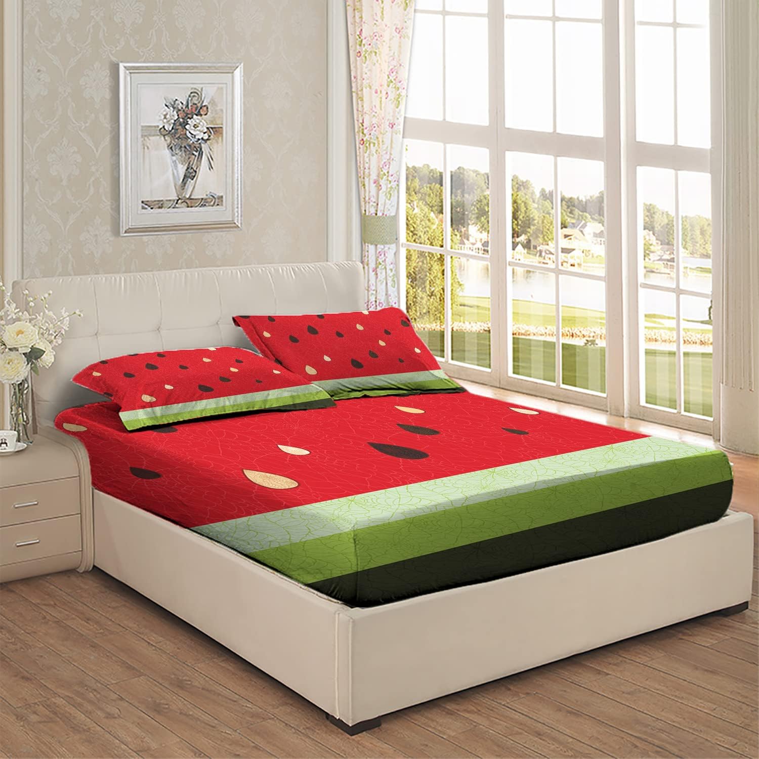 Nature Theme – Sábana bajera ajustable de tamaño individualindividual XL, patrón de macro fruta de sandía, juego de ropa de cama de 2 piezas con