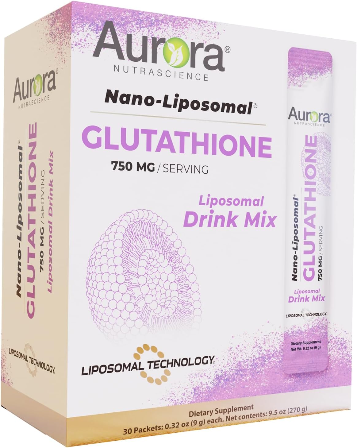Aurora Nutrascience, glutatión nano-liposomal, mezcla de bebidas, 750 mg por porción, paquetes individuales