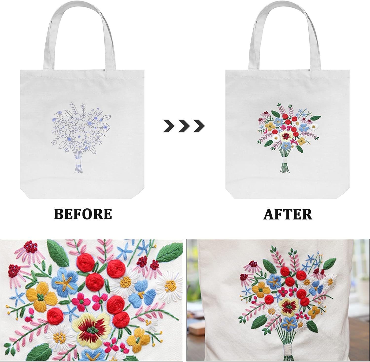 Homiton Paquete de 2 bolsas de lona con patrones para principiantes, bolsa de lona personalizada para punto de cruz, aros de bordado de bambú,