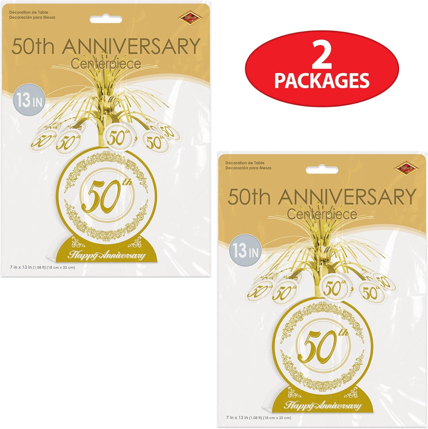 Beistle 2 piezas de 13 pulgadas 50 aniversario de boda decoración de mesa centros de mesa para celebraciones temáticas doradas, blancodorado