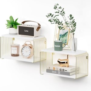 Juego de 2 mesitas de noche flotantes, mesitas de noche montadas en la pared blanca y dorada, pequeños estantes de pared para dormitorio, mesa Juego de 2 mesitas de noche flotantes, mesitas de noche montadas en la pared blanca y dorada, pequeños estantes de pared para dormitorio, mesa