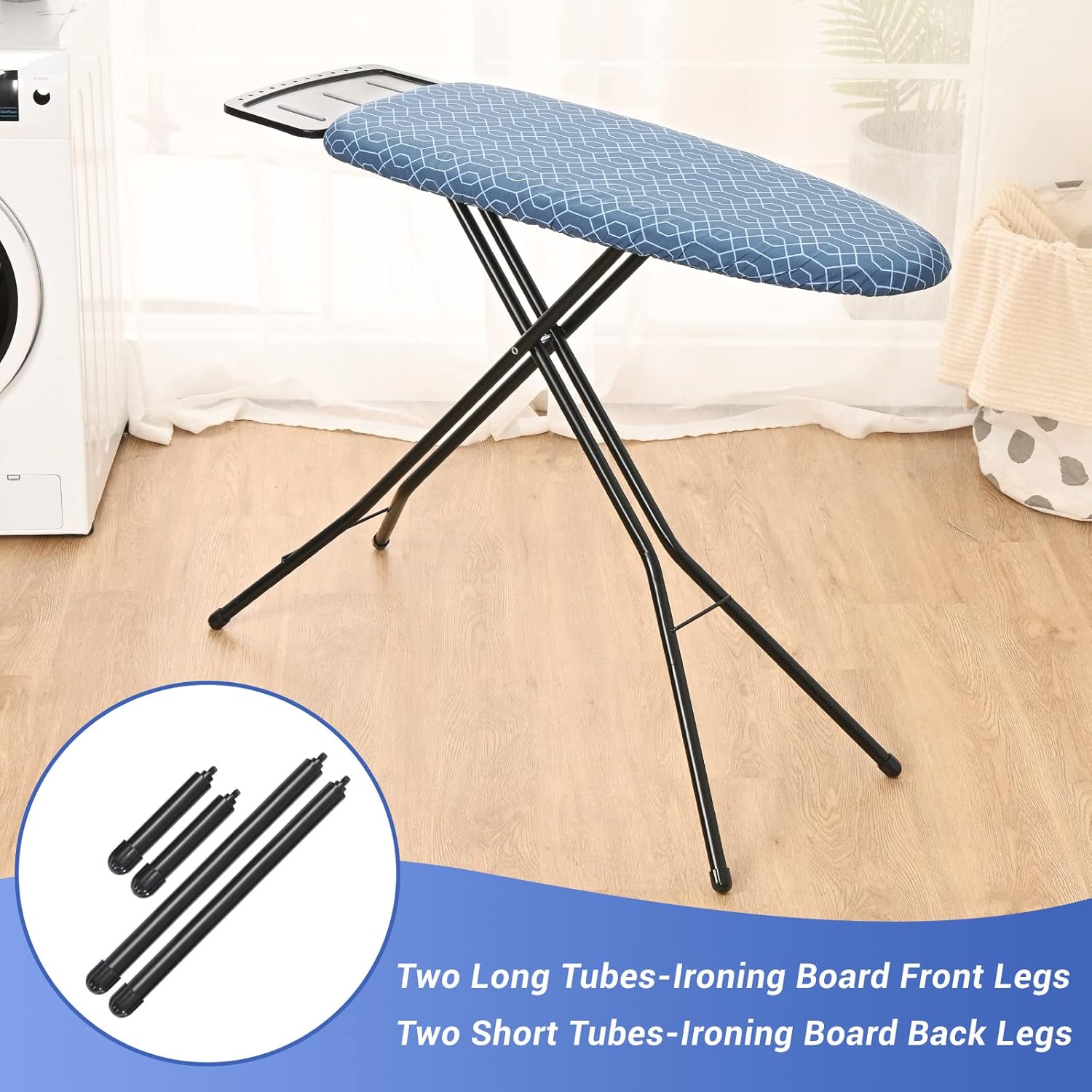 APEXCHASER Tabla de planchar con soporte de hierro, 2 cubiertas resistentes al calor y alturas ajustables de siete niveles, tablas de hierro que