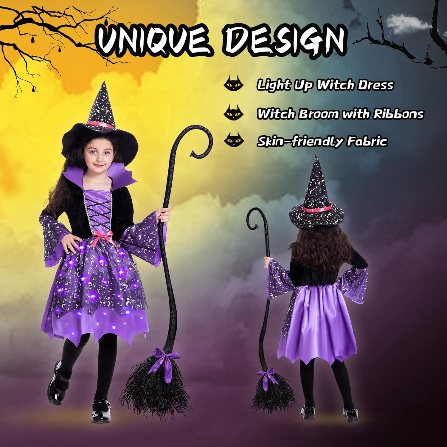Disfraz de bruja iluminada para niñas, disfraces de bruja de Halloween con escoba de bruja, sombrero para regalo de fiesta de Halloween