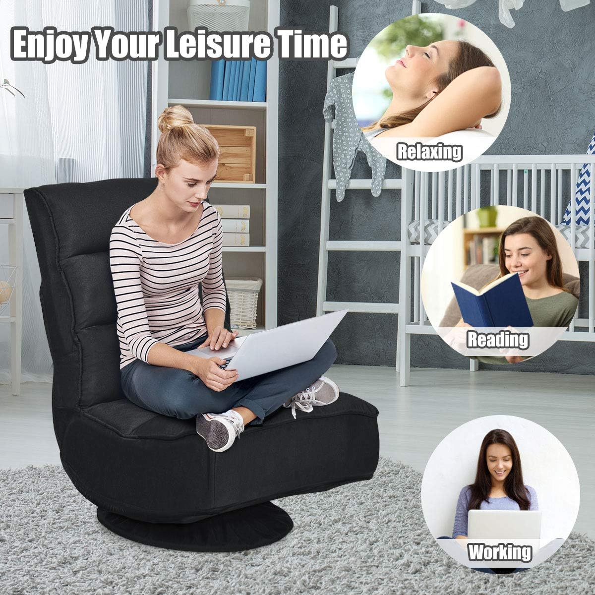 Giantex Silla giratoria de 360 grados, silla plegable para juegos de piso con 6 posiciones ajustables, sofá perezoso con soporte trasero copetudo,