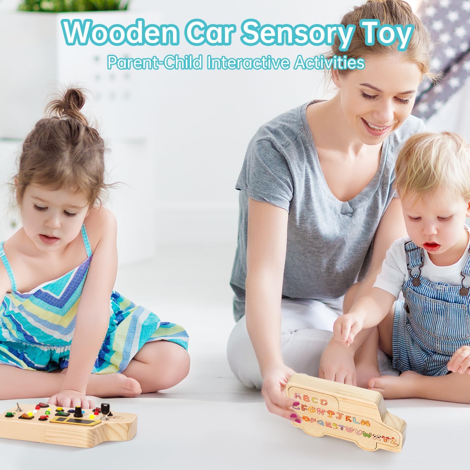 Montessori – Tabla de actividades de viaje, juguetes sensoriales con luces LED, tablero de madera para automóvil con diseño de doble cara, juguete