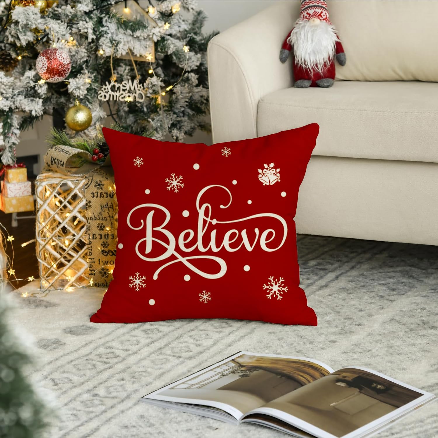 RABUSOFA Fundas de cojín de Navidad de 18 x 18 pulgadas, fundas de almohada de copo de nieve de invierno, almohadas rojas de Navidad, decoración de