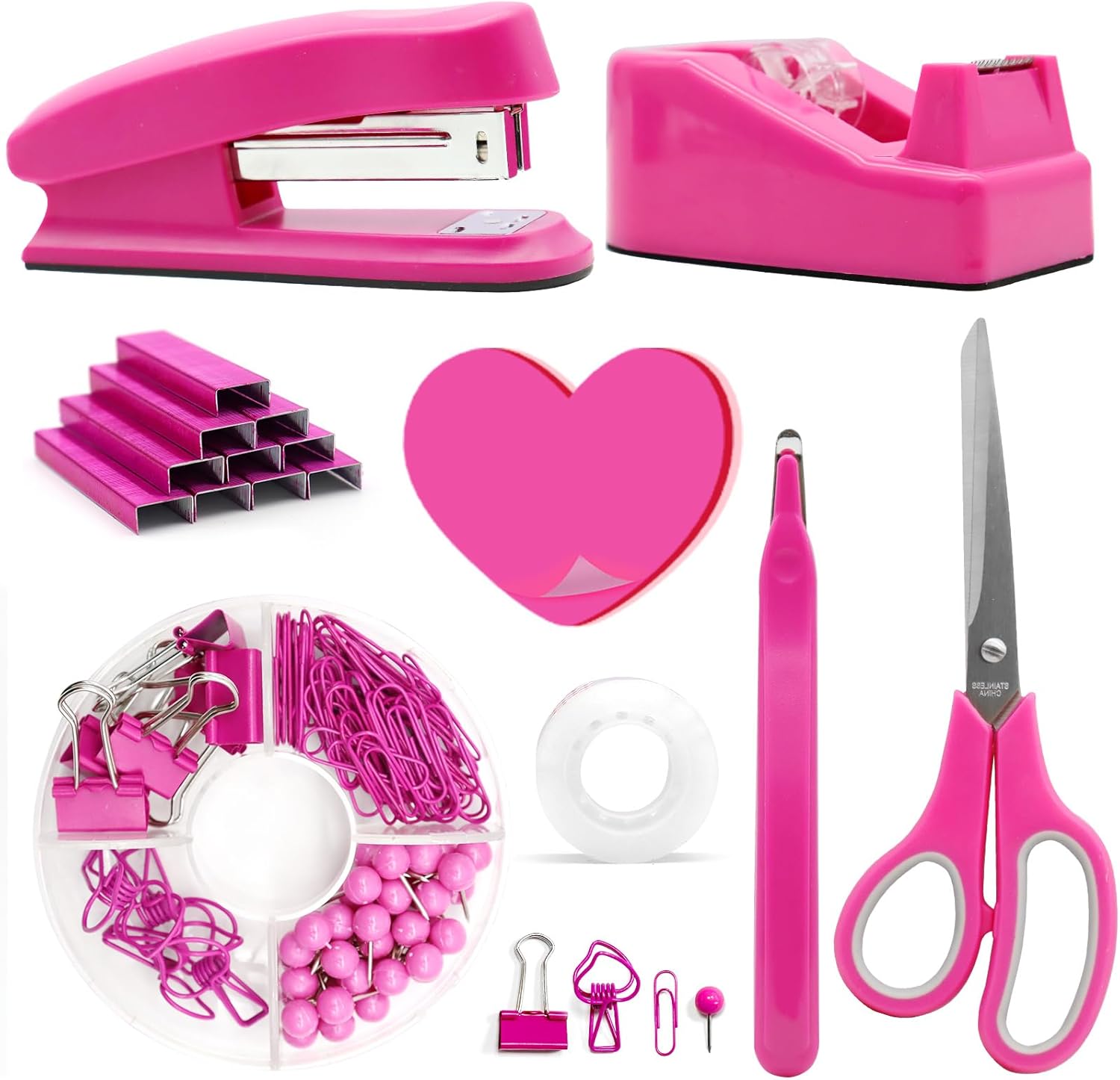 UPIHO – Suministros de oficina rosa intenso, accesorios de escritorio rosa intenso, juego de grapadora y dispensador de cinta para mujeres con