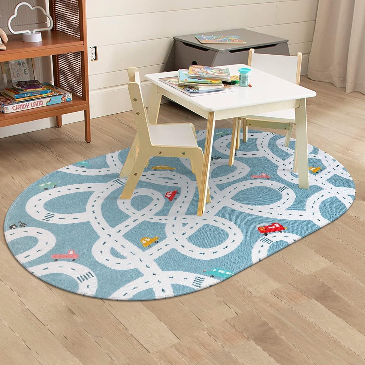 Alfombra grande para sala de juegos para niños, alfombra de carretera lavable de 4 x 6 pies para guardería, alfombra de área divertida