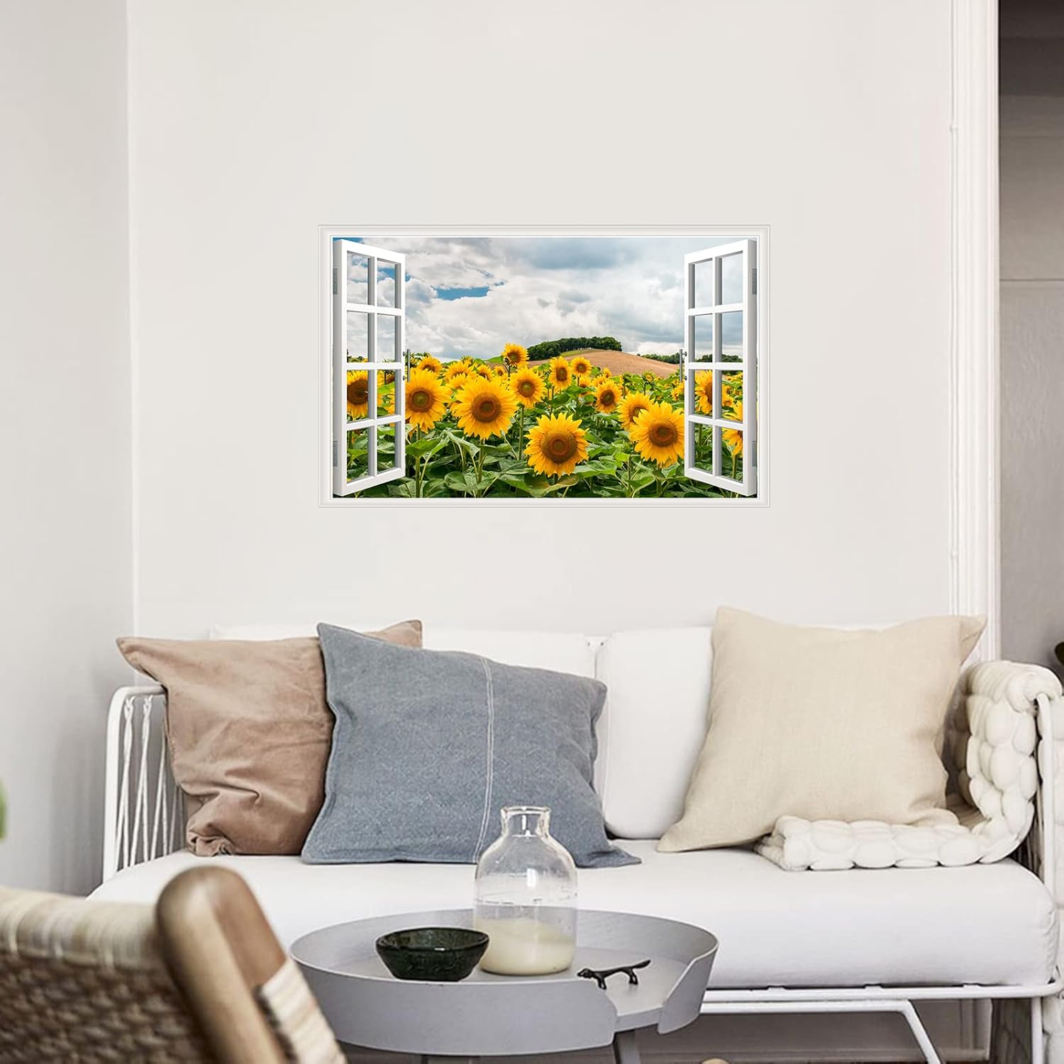 Adhesivo de pared de girasol, removible 3D, para ventanas falsas, vinilo autoadhesivo con girasol, para ventana, decoración de dormitorio, sala de