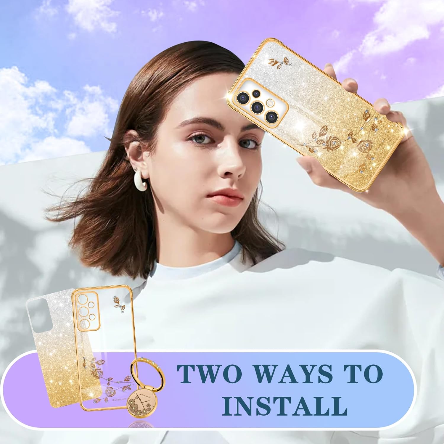 Coralogo (3 en 1 para Samsung Galaxy A53 5G – Funda para teléfono con purpurina brillante para mujeres y niñas, cubierta brillante con bonito diseño