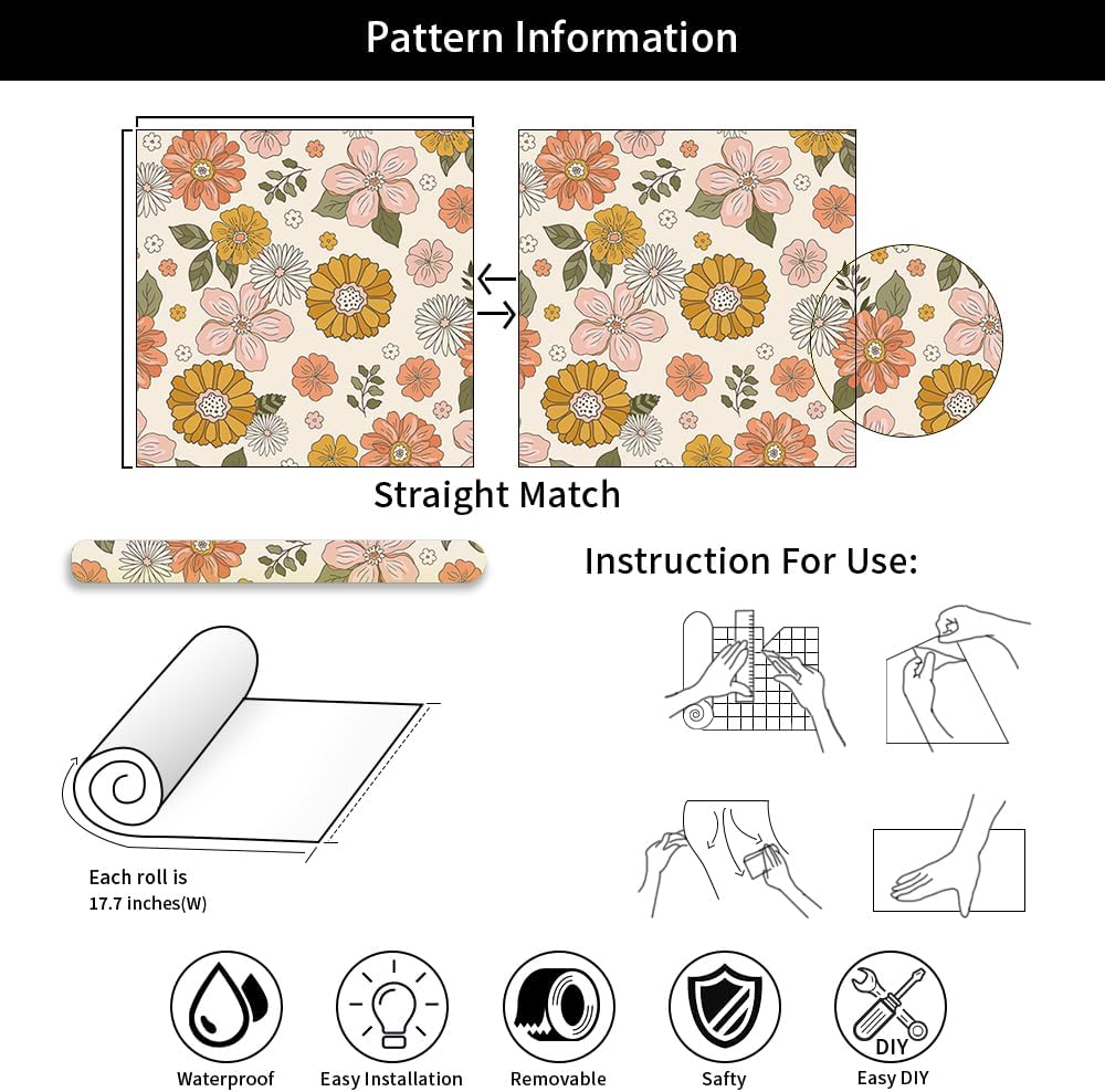 Papel tapiz bohemio naranjacrema con margaritas florales para despegar y pegar, fácil de despegar, vintage, autoadhesivo, extraíble, para armario de