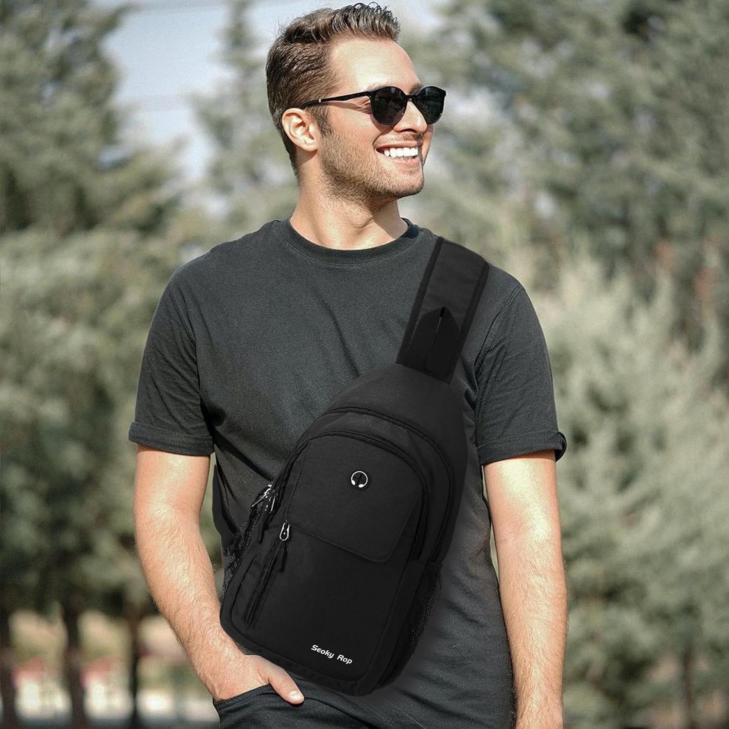 Seoky Rop Mochila tipo bandolera para hombres y mujeres, resistente al agua, bolsa cruzada para senderismo y viajes, Negro -, Mochilas Sling