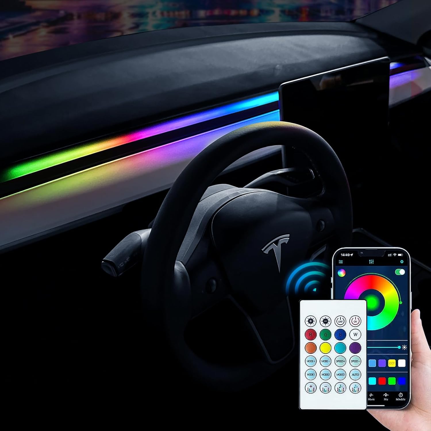 Tesla Model 3Y – Luces de neón interiores para tablero, tira de luces LED que cambian de color RGBIC con control remoto y aplicación, accesorios de