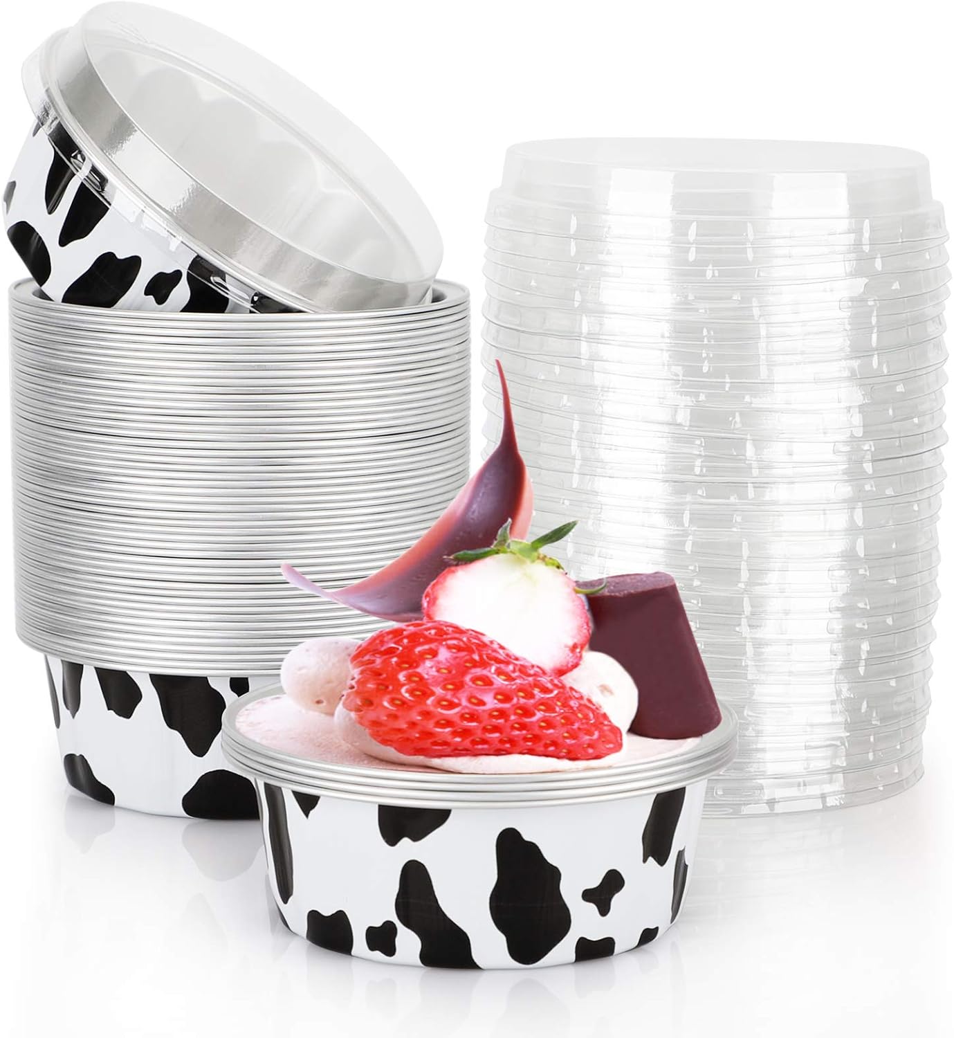 Beasea Paquete de 50 moldes desechables de 8 onzas con tapas, tazas de aluminio para hornear, tazas de papel de aluminio negro y blanco, tazas de