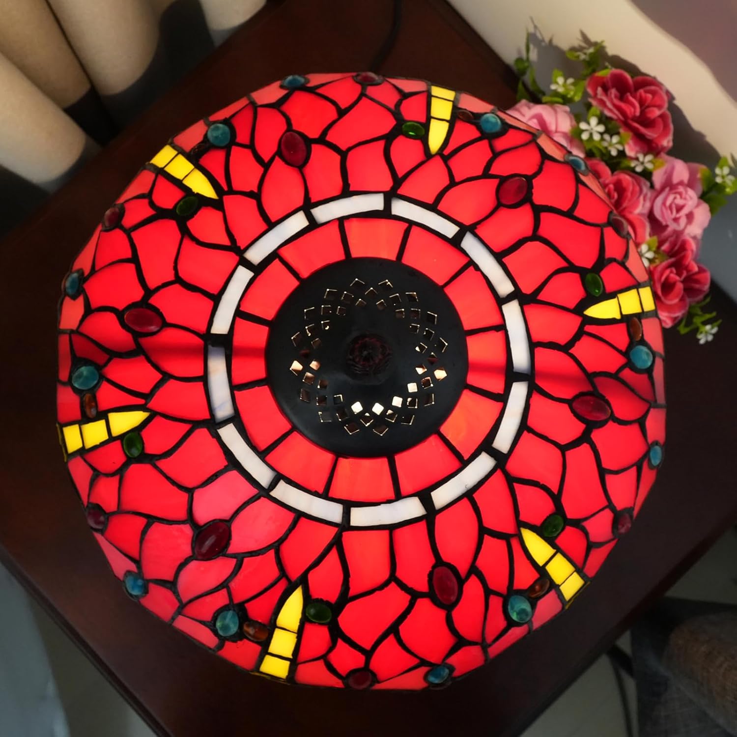 Tiffany Lámpara de mesa con libélula roja, 12 x 12 x 18 pulgadas, estilo libélula roja, luz de lectura, decoración al lado del dormitorio, sala de