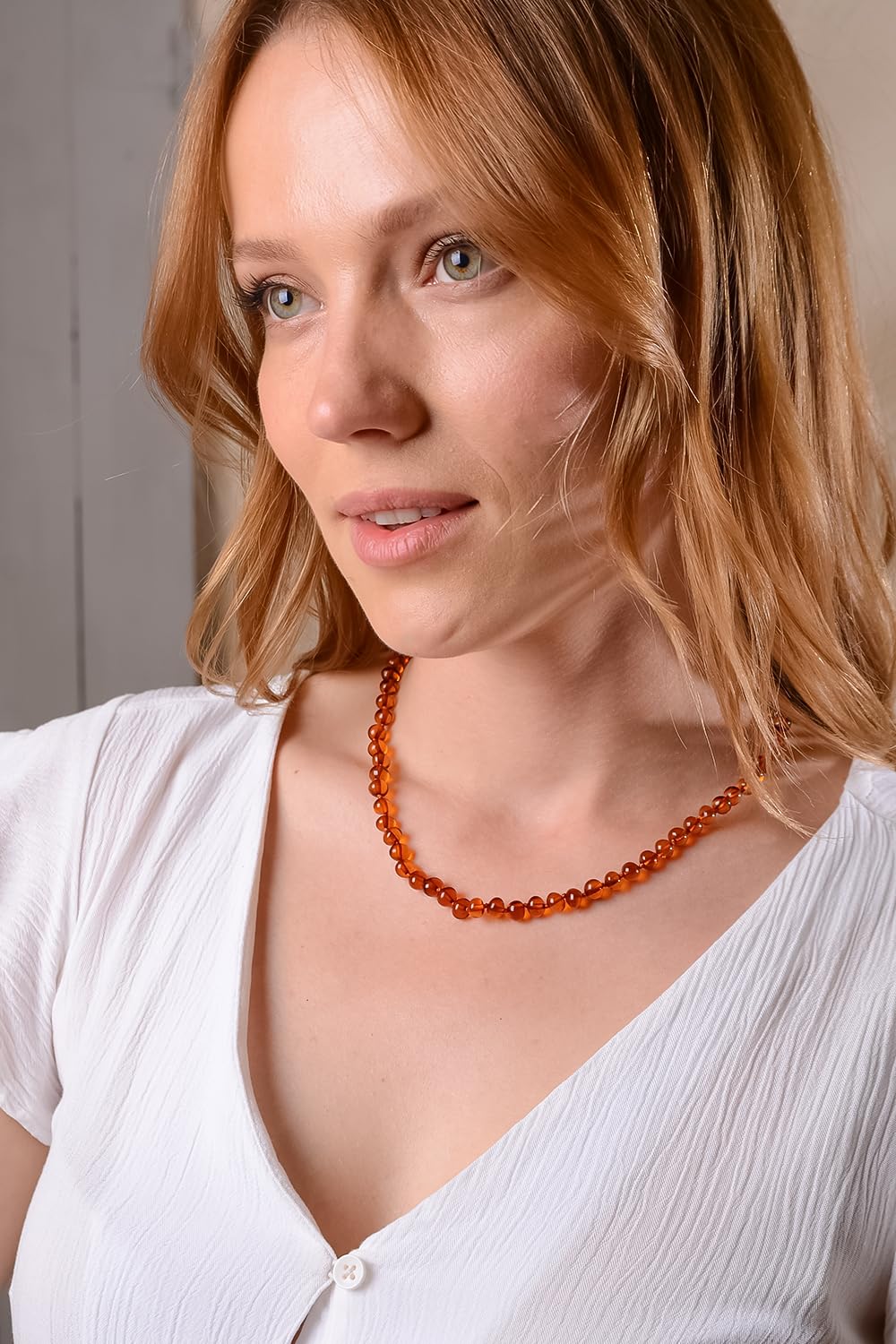 Cognac Amber Necklace for Women with 18K Gold Plated Silver Clasp – 17 inch wt 2 inch Extender- HandMade from Baroque Amber Beads (Cognac)