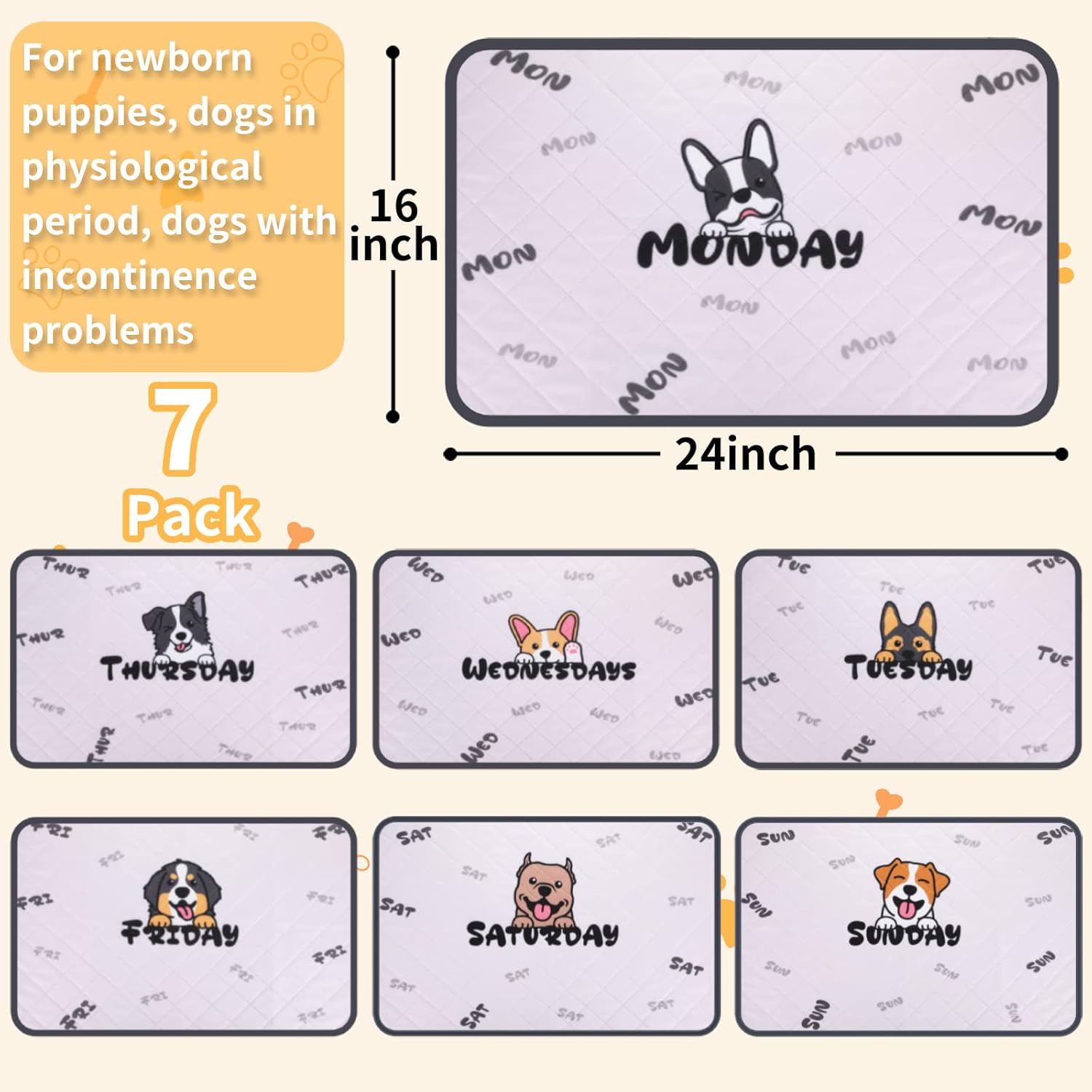 Paquete de 7 almohadillas lavables para orina de perros, almohadillas reutilizables para orina de perro, antideslizantes, impermeables, almohadillas
