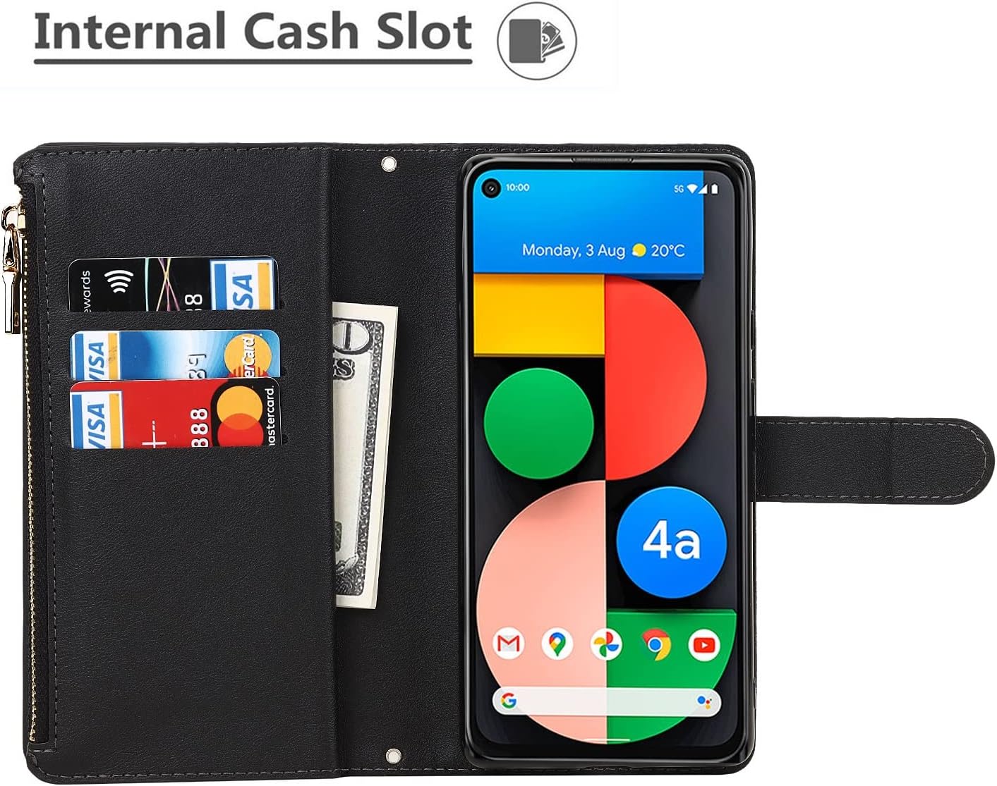 iCoverCase Funda tipo cartera para Google Pixel 4a 5G con soporte para tarjetas, función atril, funda de piel sintética con cordón ajustable para