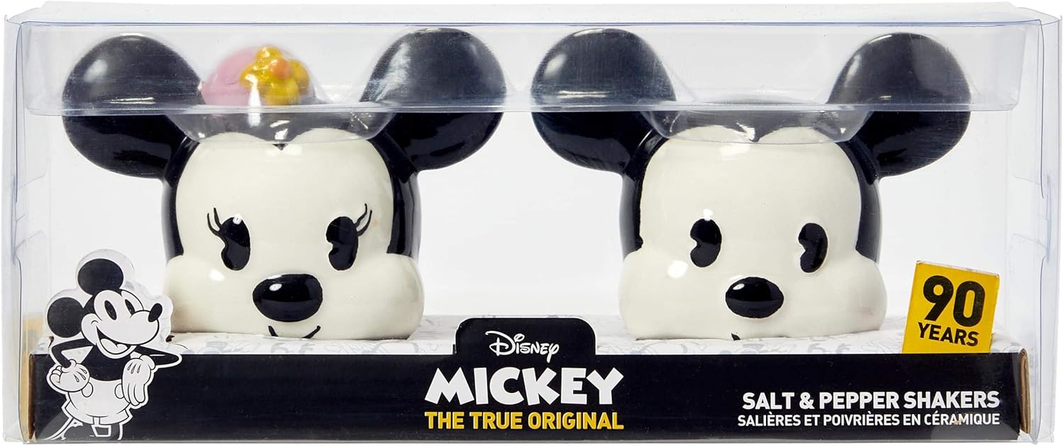 Disney Mickey y Minnie Mouse – Juego de salero y pimentero de cerámica, diseño clásico vintage del 90 aniversario, decoración oficial de Disney para