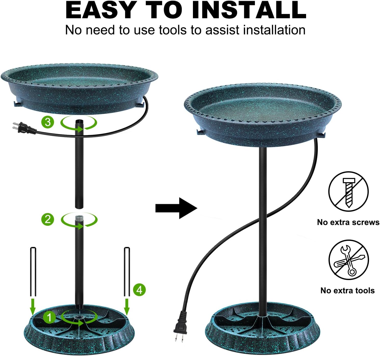 Bañera para pájaros climatizada, 75 W, control termostático, ligera, pedestal con estaca de metal, baños para pájaros calentados para exteriores,