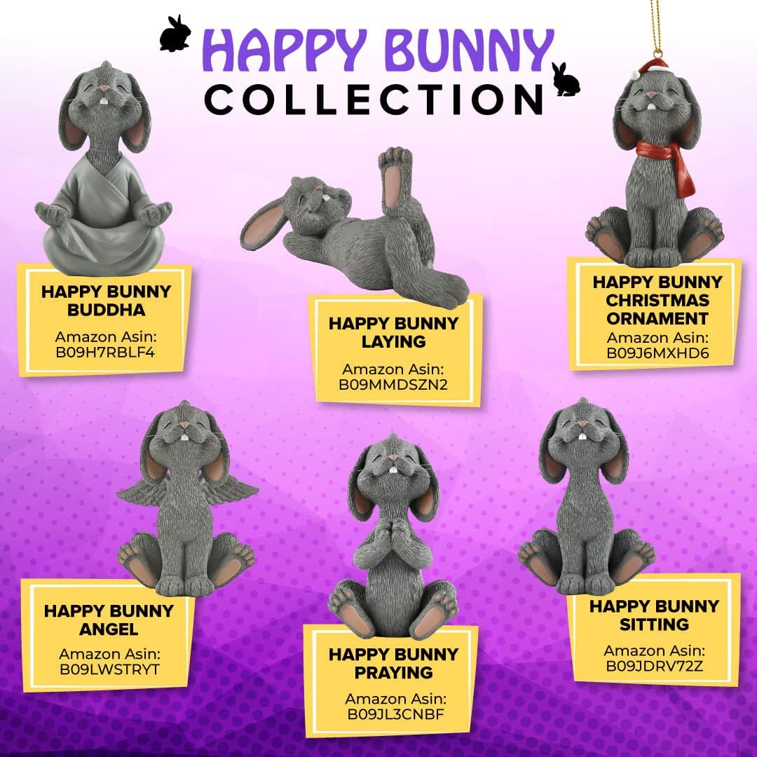 Whimsical Happy Bunny – Figura coleccionable de Buda gris para meditación y yoga, colección de conejo feliz, regalos para amantes de conejos,