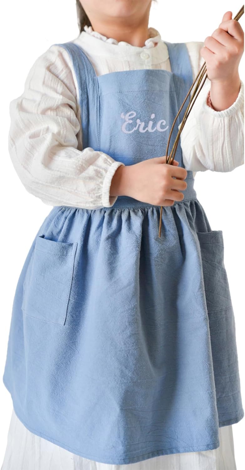 MT WORLD Delantal de lino personalizado para niñas, delantal duradero para niños, regalo para cocinar, hornear, manualidades, jardinería