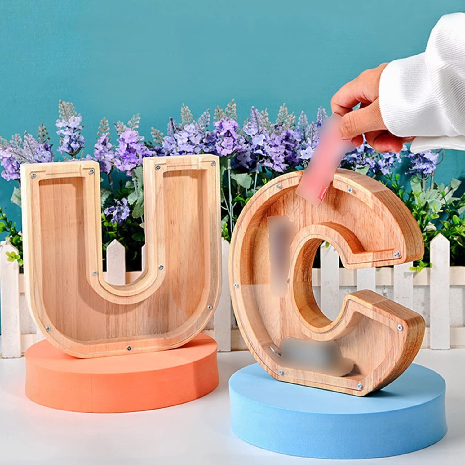Alcancía de madera con letras para niños y niñas, 26 letras del alfabeto, personalizadas, caja de ahorro de dinero transparente, regalo creativo