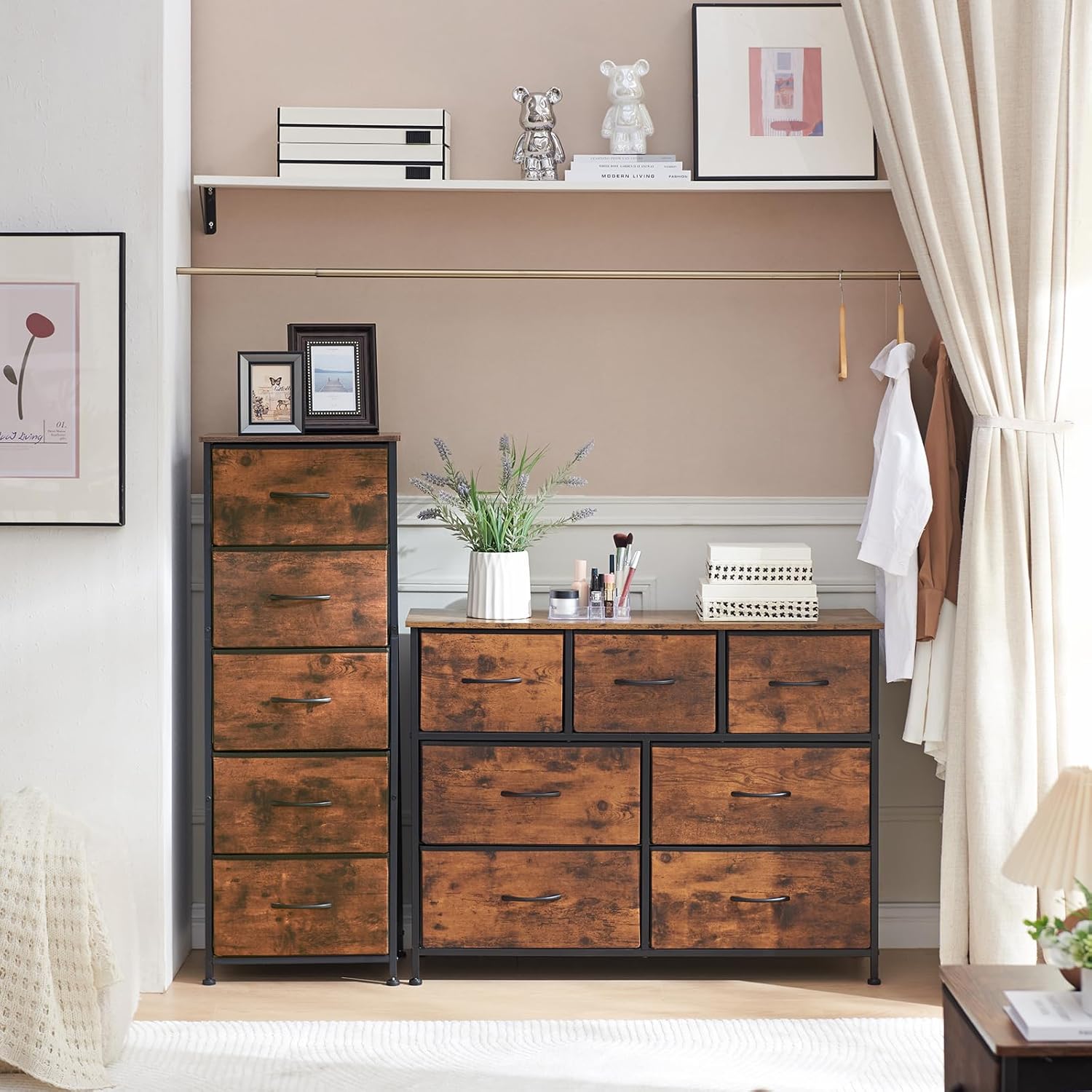 Somdot Cómoda alta para dormitorio, organizador de almacenamiento de 5 cajones, cómoda con contenedores de tela extraíbles para sala de estar,