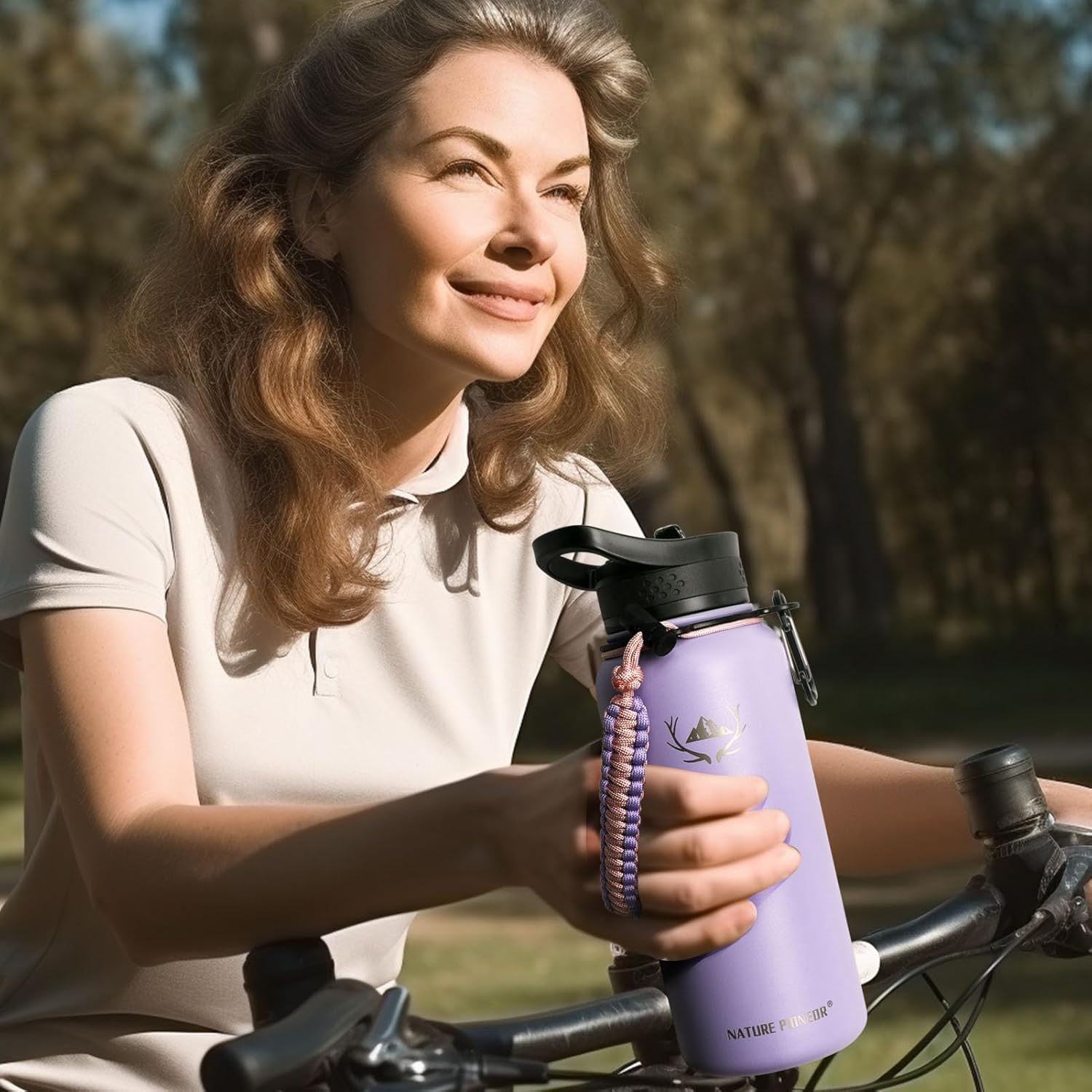 NATURE PIONEOR Botellas de agua aisladas con mango de paracaídas, 24324064 onzas, botella de agua deportiva de boca ancha con 3 tapas, de acero