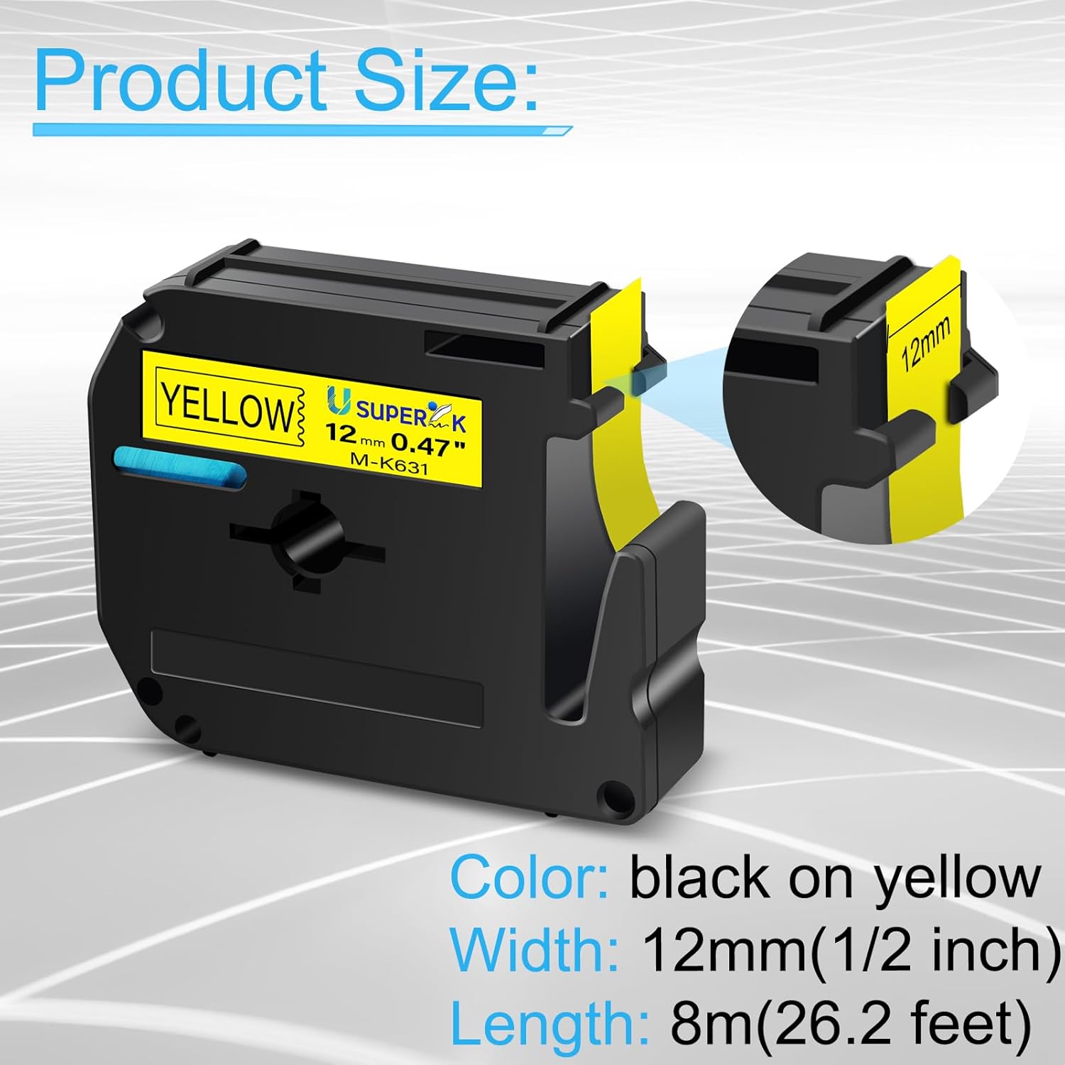 USUPERINK 6PK – Cinta de repuesto compatible con cinta M Brother P-Touch M, color negro sobre amarillo, 0.47 pulgadas x 26.2 pies, M-K631 M631 MK631