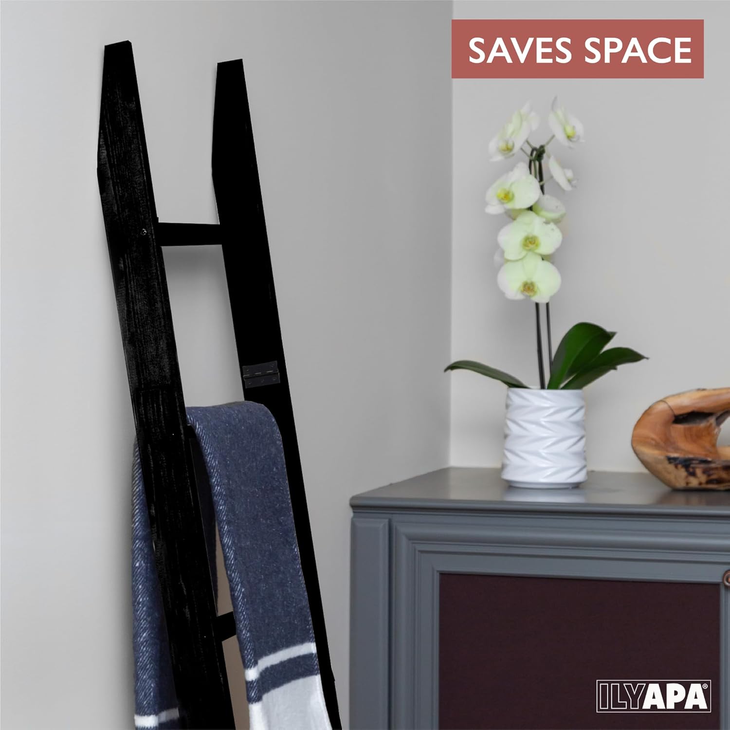 Ilyapa Escalera para manta para la sala de estar, escalera decorativa rústica con construcción plegable, fácil almacenamiento, madera envejecida
