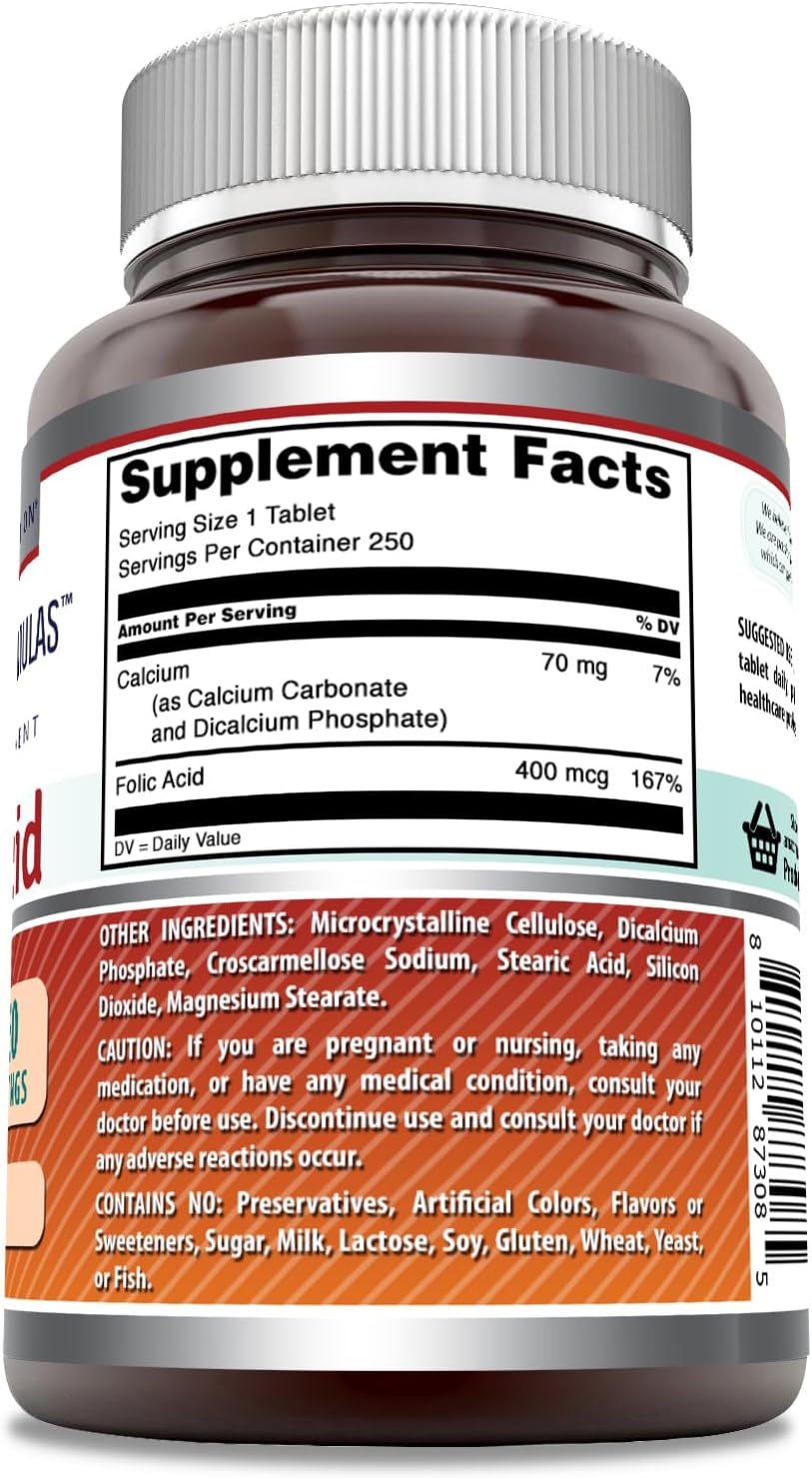 Amazing Formulas – Tabletas de ácido fólico (vitamina B9) de 400 mcg, sin OMG, sin gluten, fabricadas en Estados Unidos (400 mcg, 250, unidades)