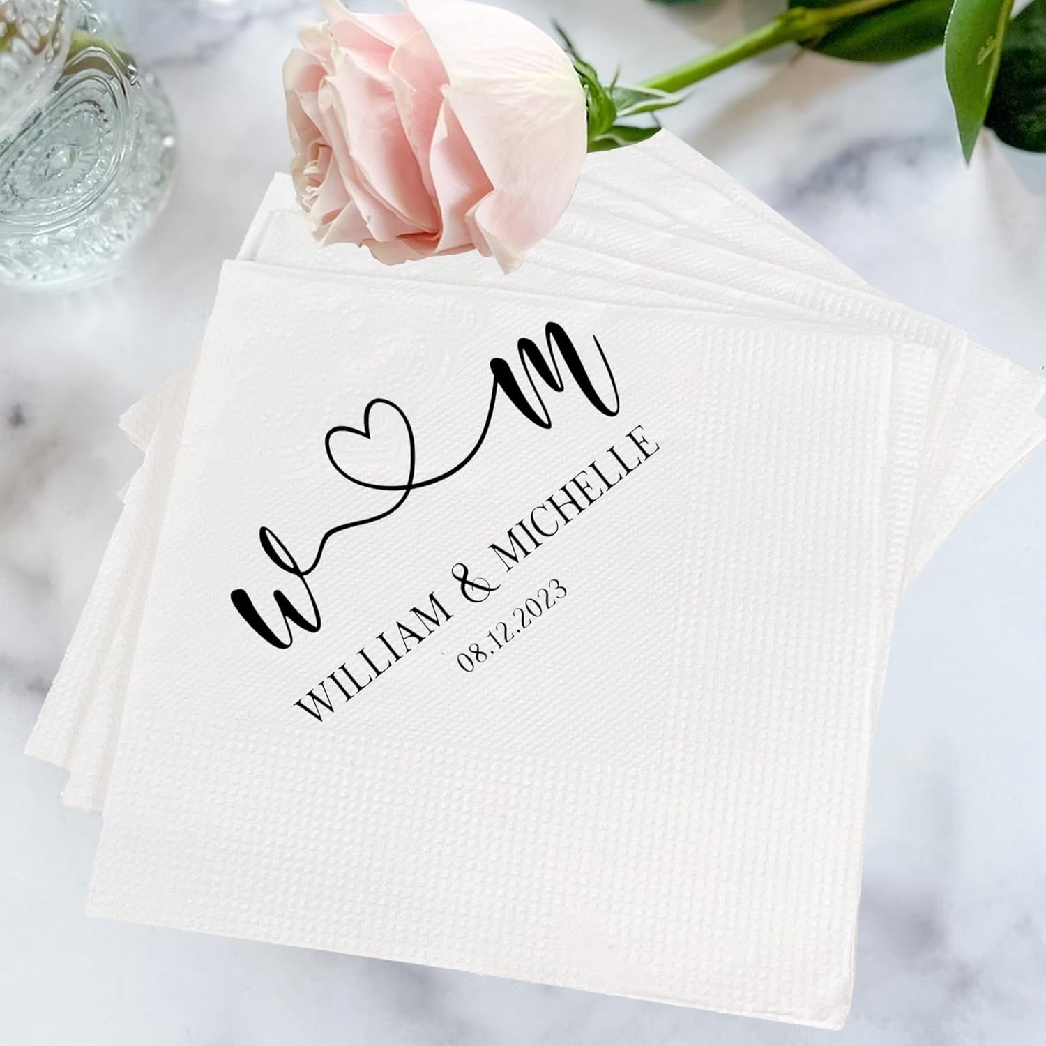 GodLover Servilletas de cena personalizadas para boda, servilletas personalizadas con nombre de pareja con corazón 2023, Servilletas personalizadas