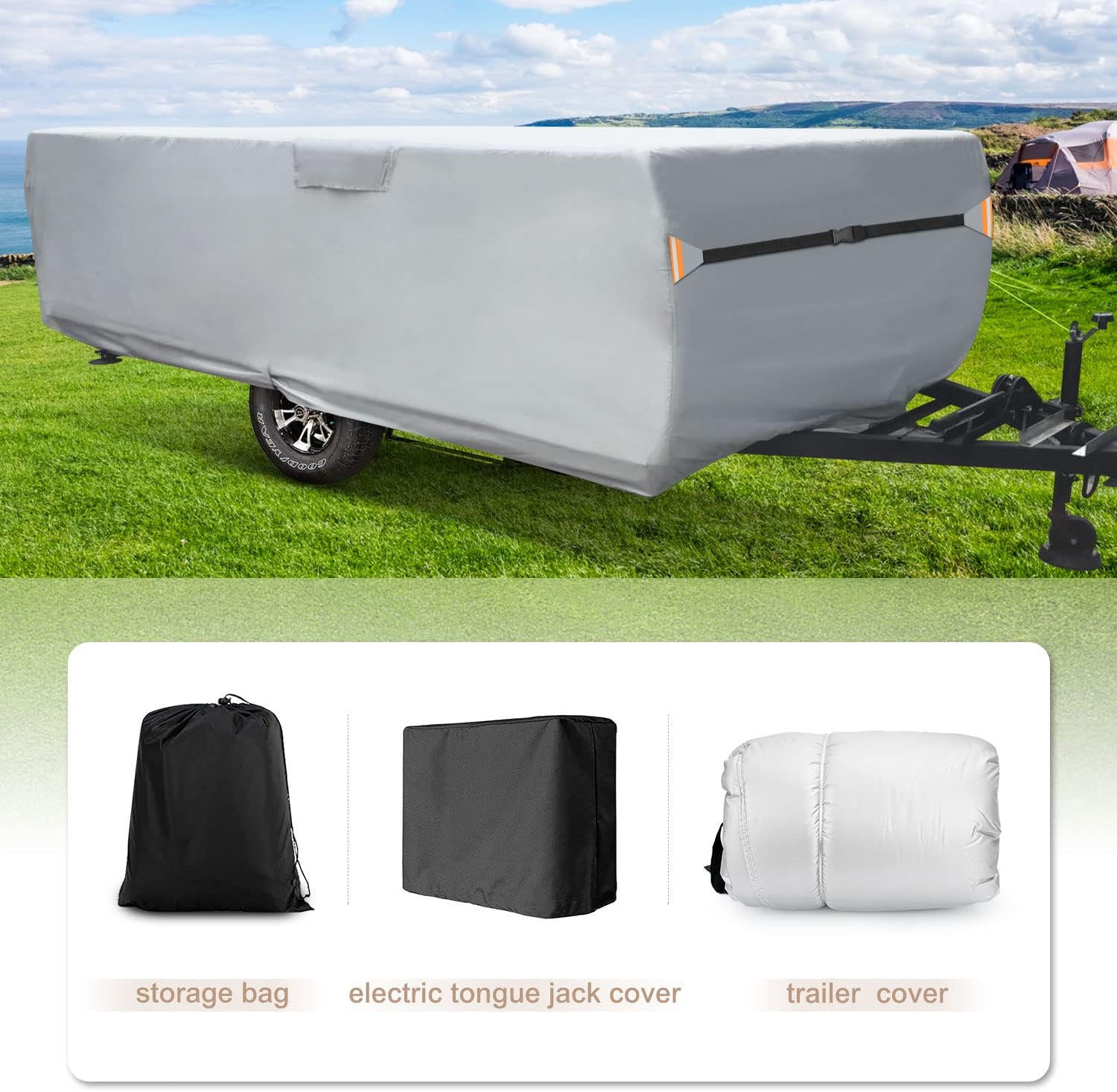 Funda plegable plegable para caravana de 8 a 10 pies, protección mejorada de alta resistencia, impermeable, con 3 correas inferiores, protección