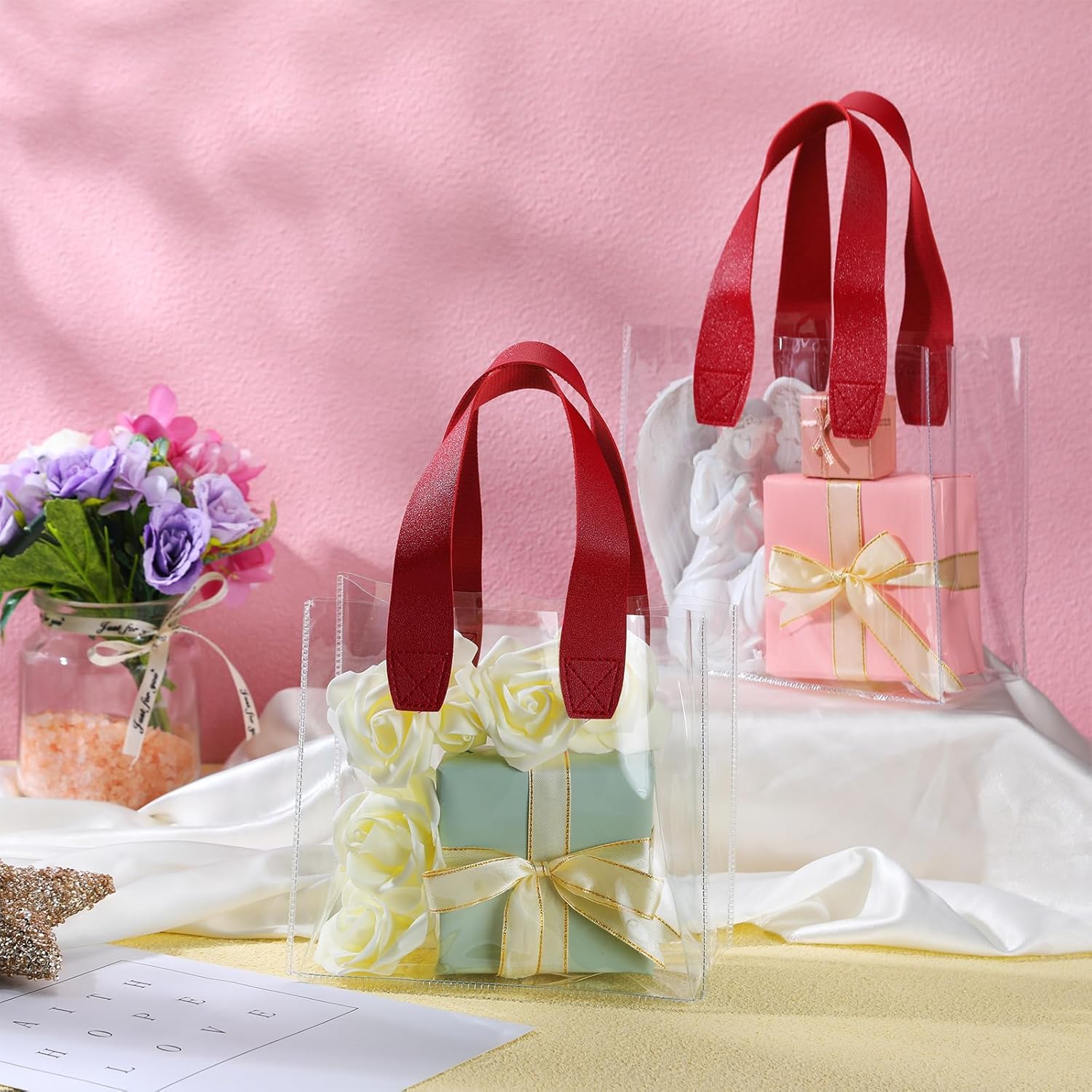 Sweetude 24 bolsas de regalo transparentes con asa, pequeñas bolsas de regalo transparentes reutilizables y resistentes a granel para bodas,