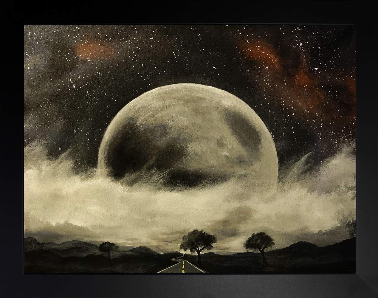 Ed Capeau Art Painting Reproduction – Pintura enmarcada con diseño de luna sobre la ruta 66
