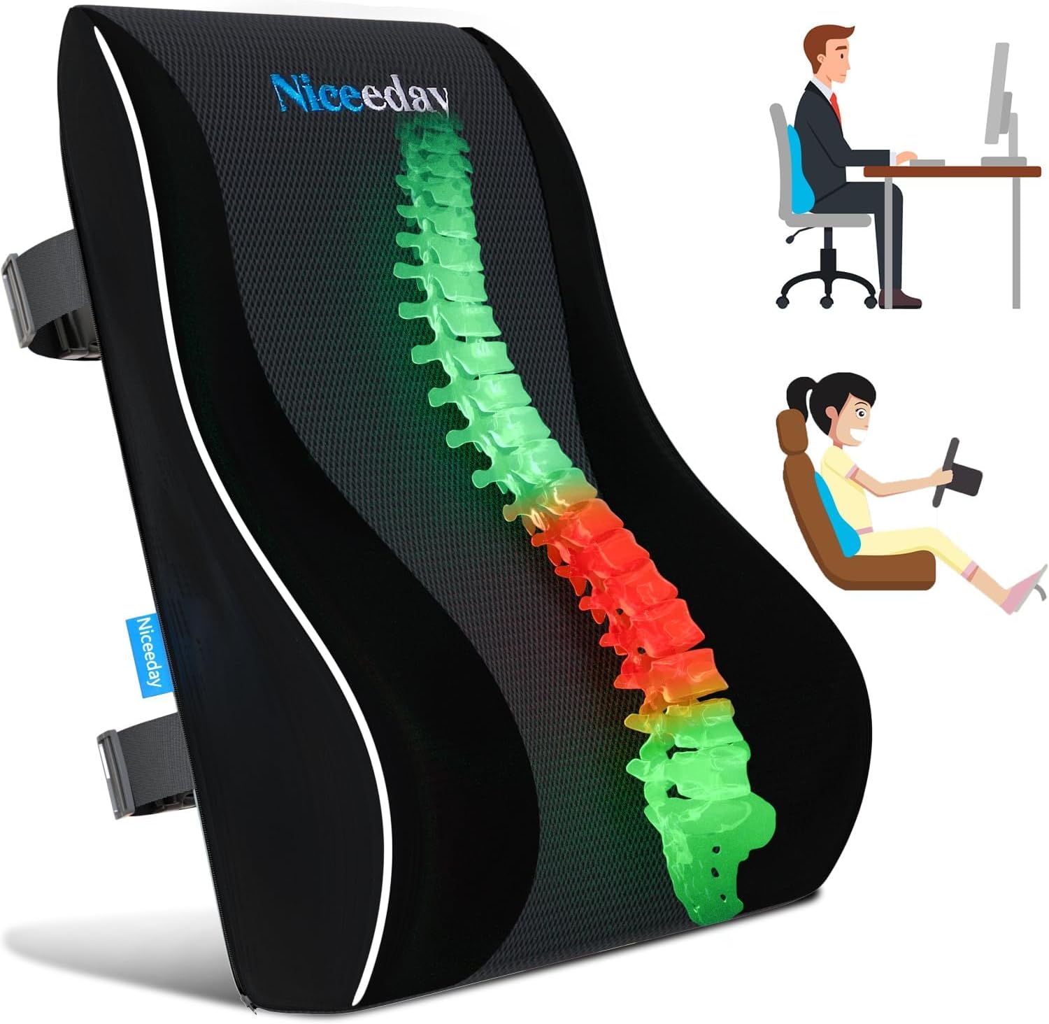 Almohada de apoyo lumbar para silla de oficina, almohada lumbar de coche, alivio del dolor de espalda de espuma viscoelástica con funda de malla 3D,